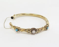 Antique Bangle Bracelet with Diamond, Turquoise, and Seed Pearls 14 Karat