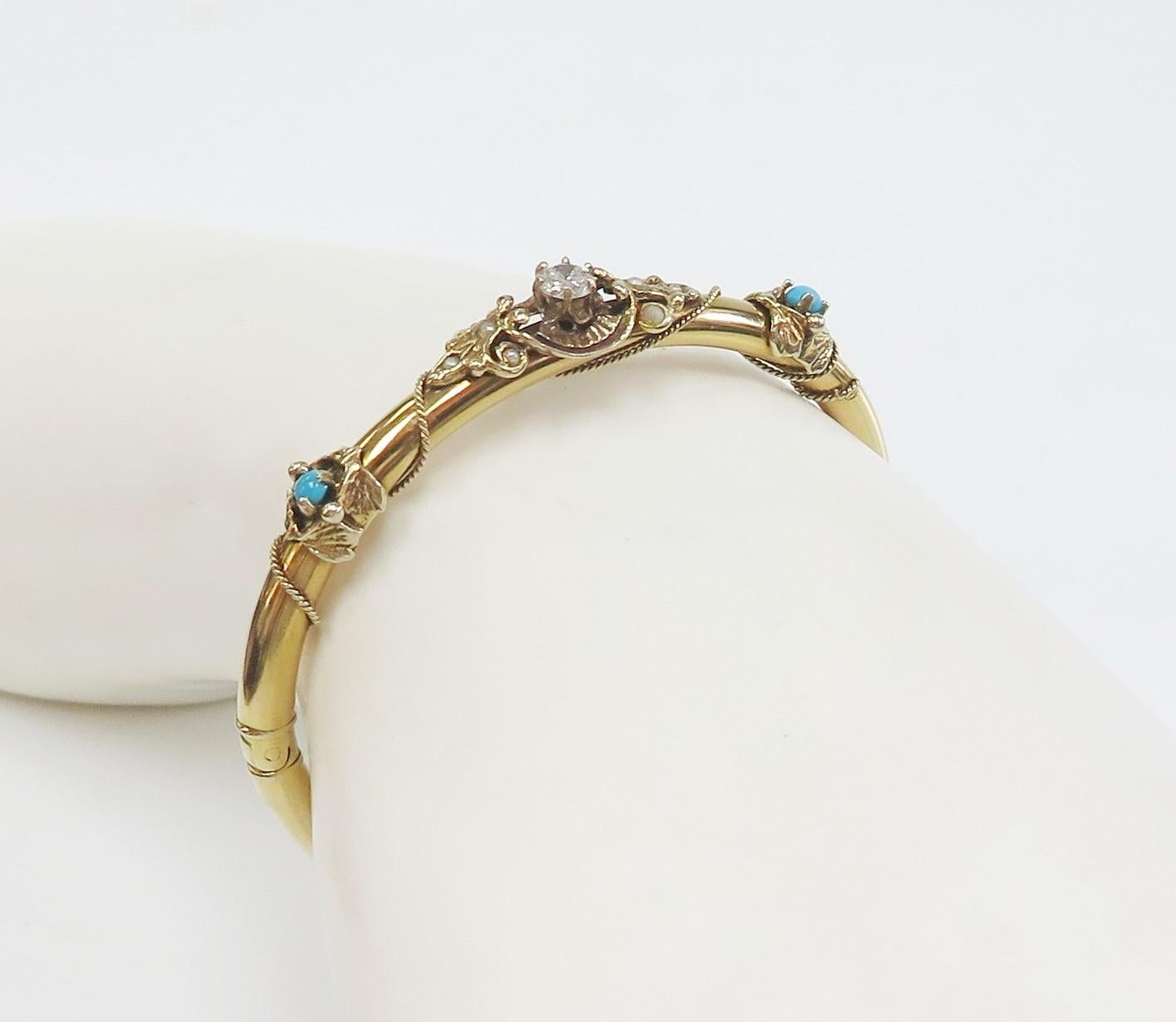 Antique Bangle Bracelet with Diamond, Turquoise, and Seed Pearls 14 Karat In Good Condition For Sale In Bellmore, NY
