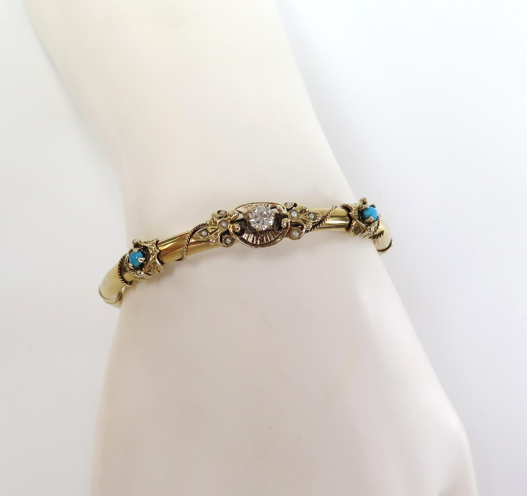 Women's Antique Bangle Bracelet with Diamond, Turquoise, and Seed Pearls 14 Karat For Sale