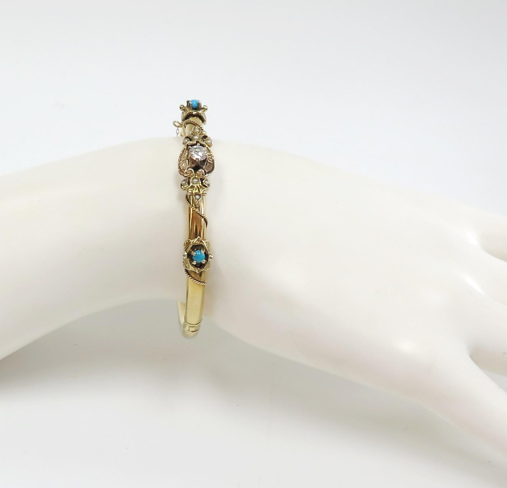 Antique Bangle Bracelet with Diamond, Turquoise, and Seed Pearls 14 Karat For Sale 1