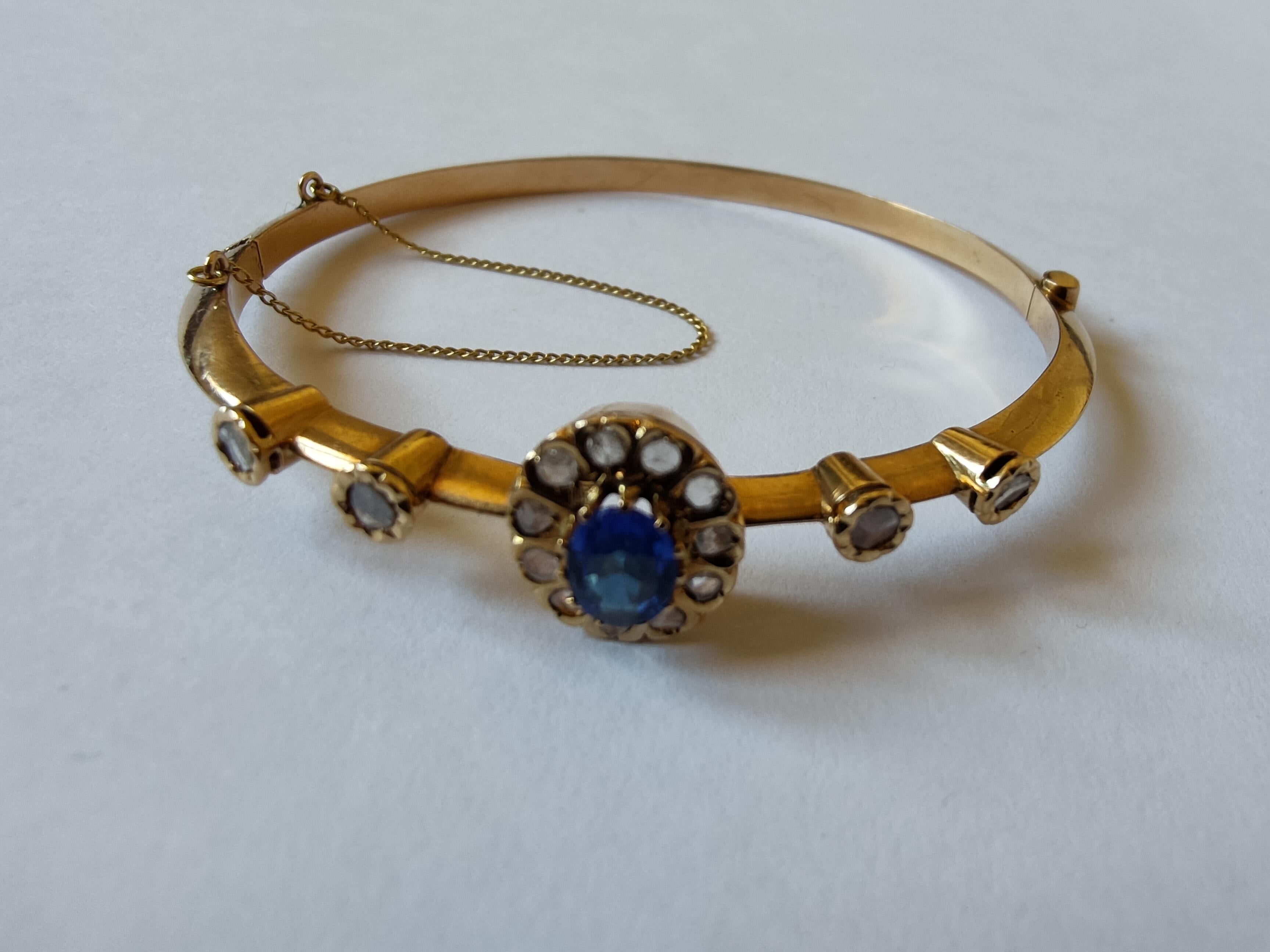 Vintage Antique Bangle Circa 1900s Diamond Rose Cut and Sapphire Synthetic Oval For Sale 10