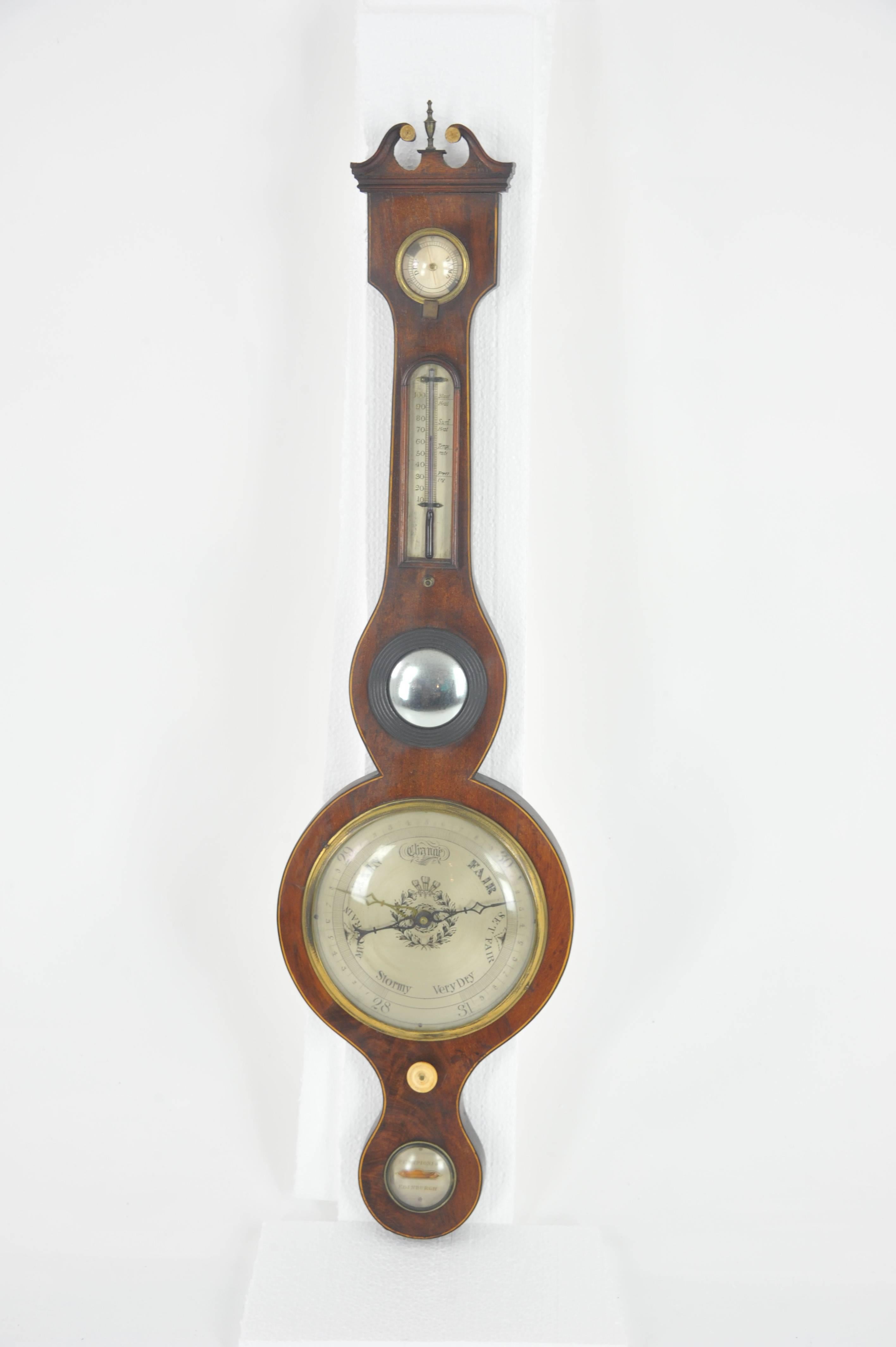 Antique banjo barometer, decorative barometer, Georgian mahogany, Scotland, 1820, antique furniture

Scotland, 1820
Mahogany with satinwood stringing
Swan neck pediment over a hydrometer and a thermometer below
Small circular mirror
Mreasures: