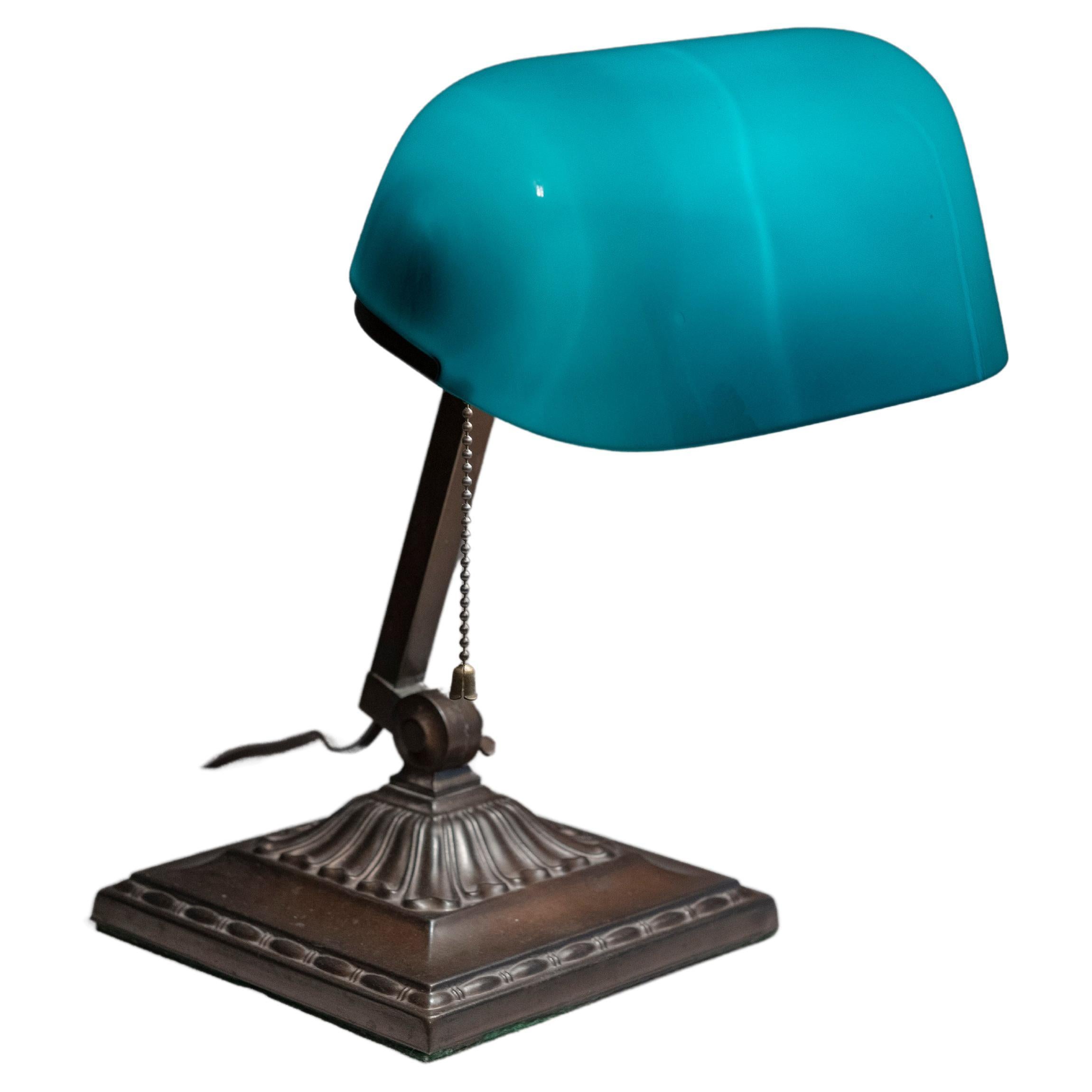 Antique Banker's Desk Lamp by Emeralite, Original Green Shade, ca. 1917 For Sale