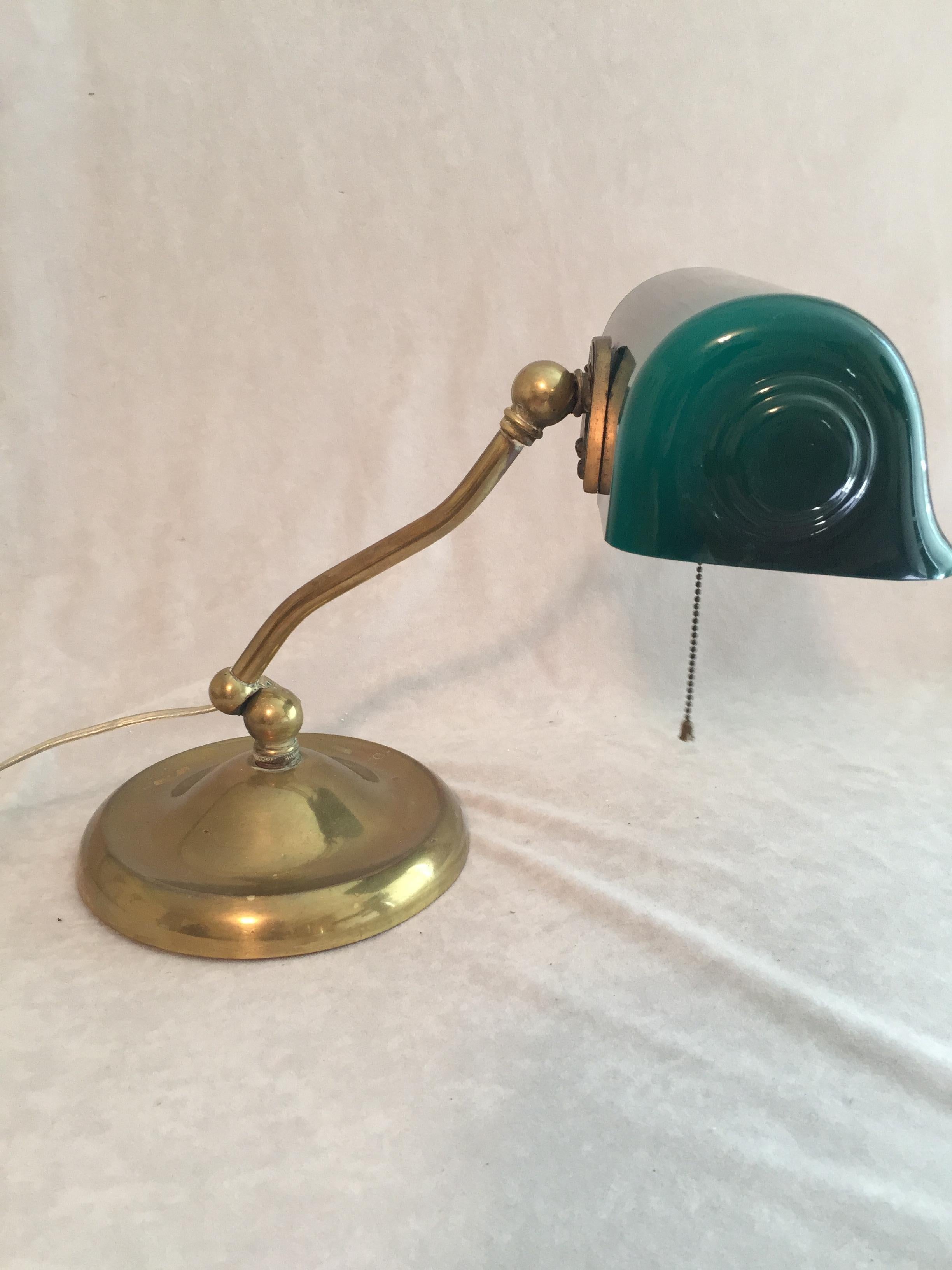 Arts and Crafts Antique Banker's Desk Lamp w/ Green Shade Signed Verdelite, ca. 1920