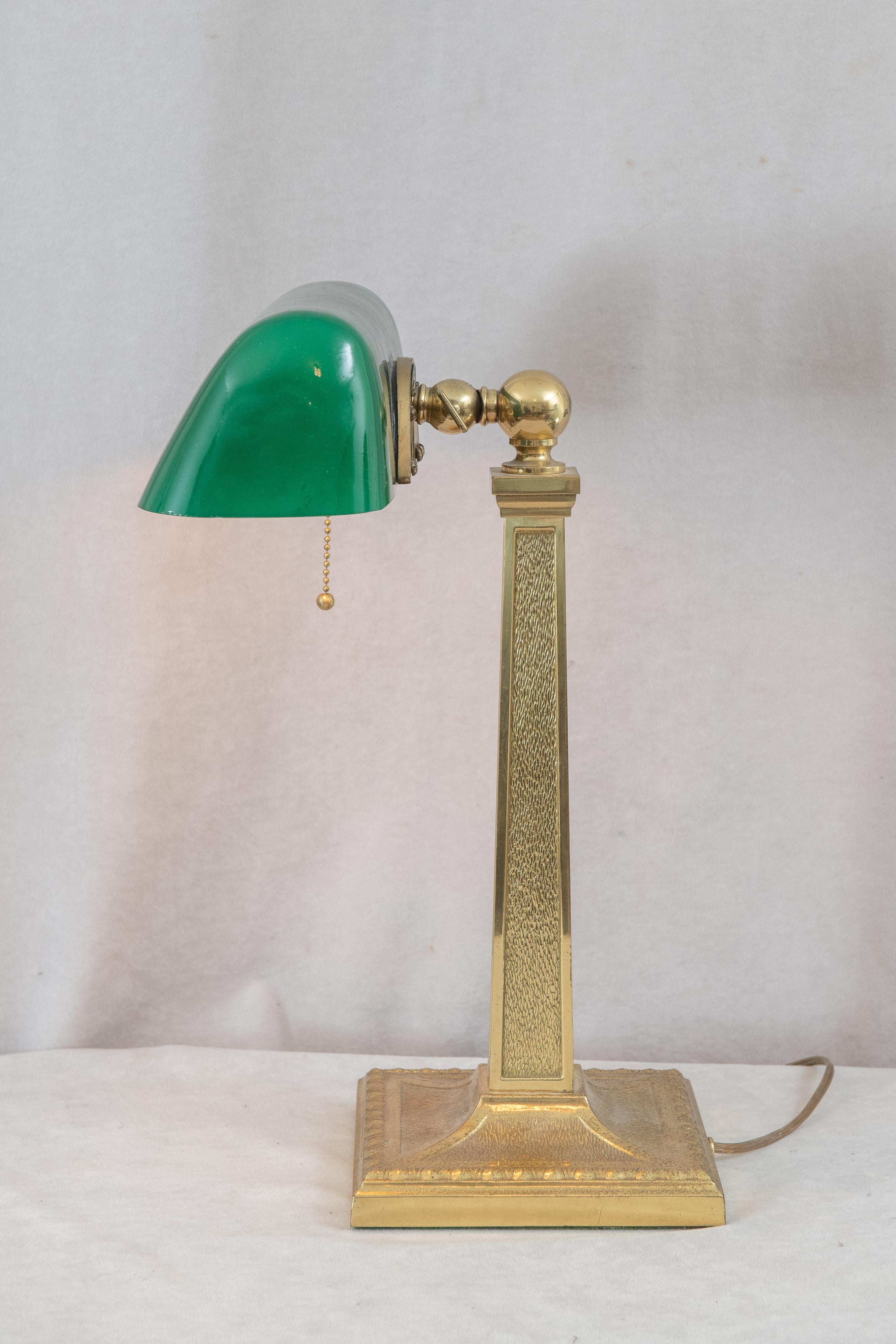 Polished Antique Banker's Lamp w/ Original Green Shade, Signed Amronlite