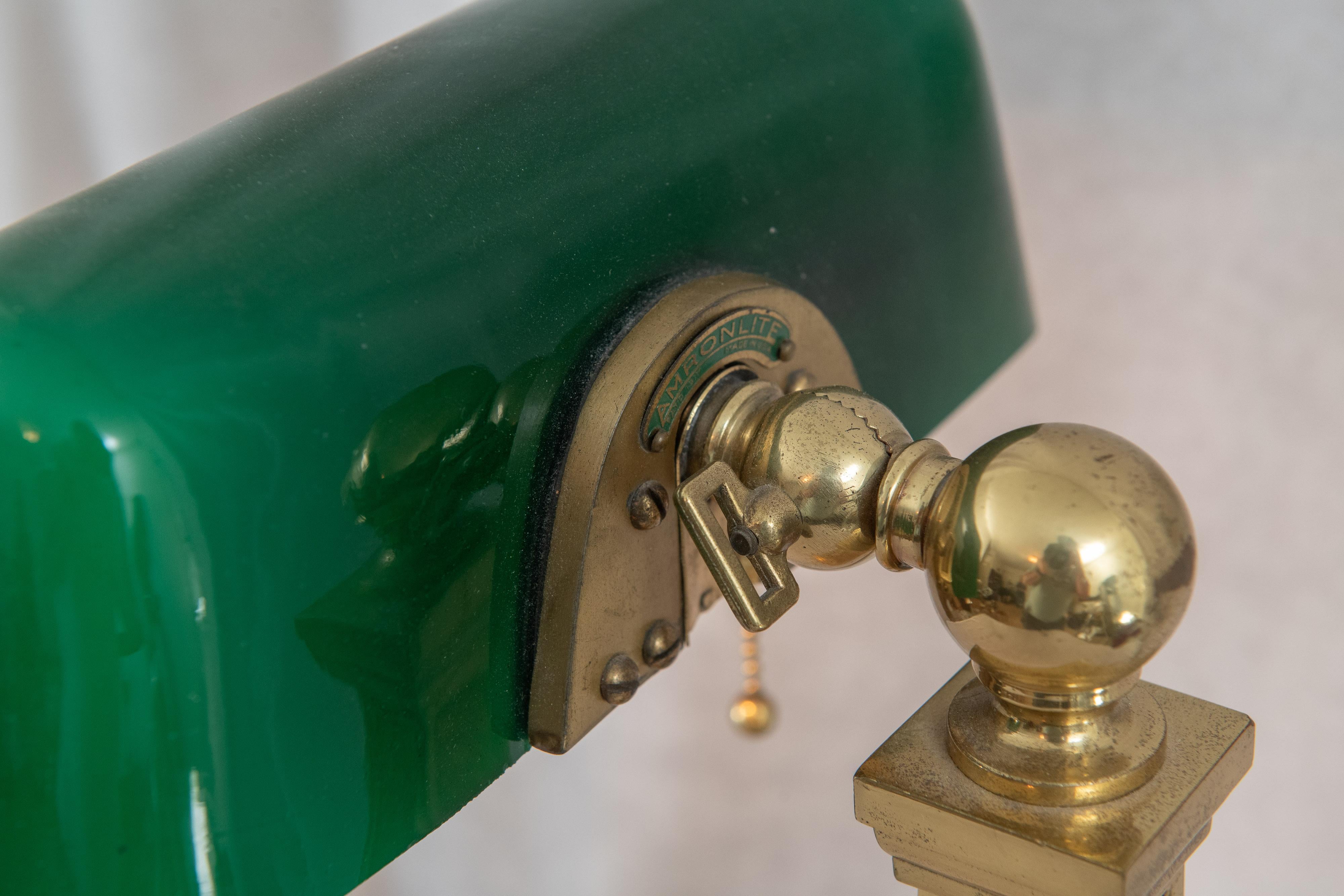 Glass Antique Banker's Lamp w/ Original Green Shade, Signed Amronlite