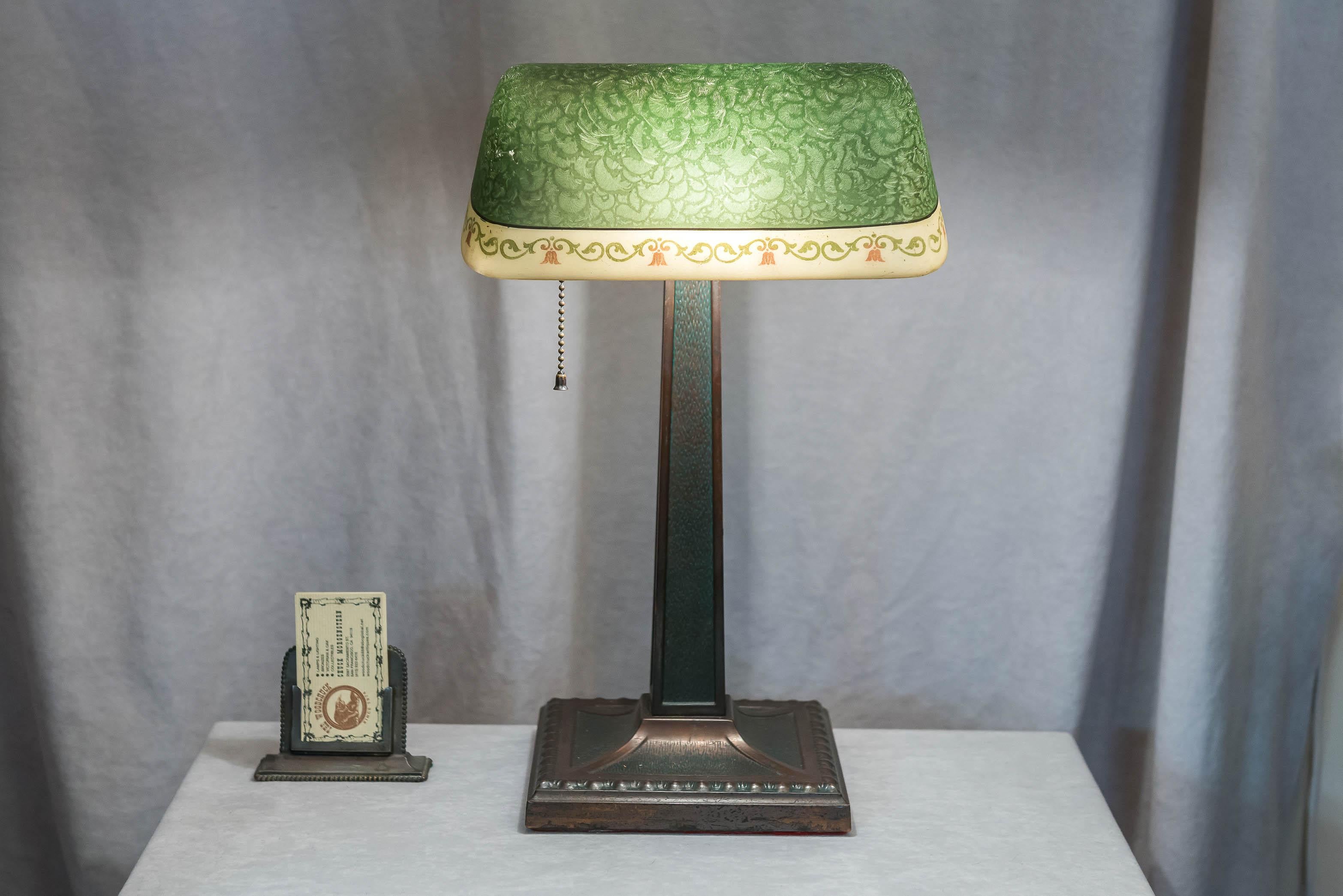 Arts and Crafts Antique Banker's Lamp with Original Glass Shade, Dated 1917
