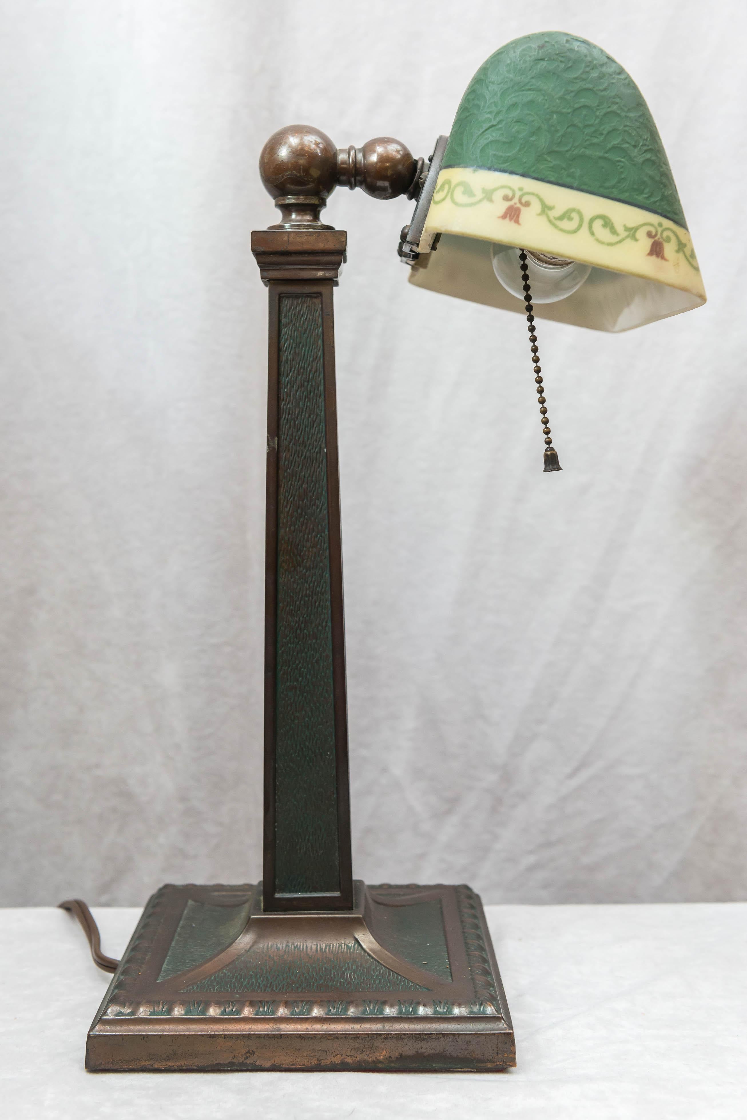 Early 20th Century Antique Banker's Lamp with Original Glass Shade, Dated 1917
