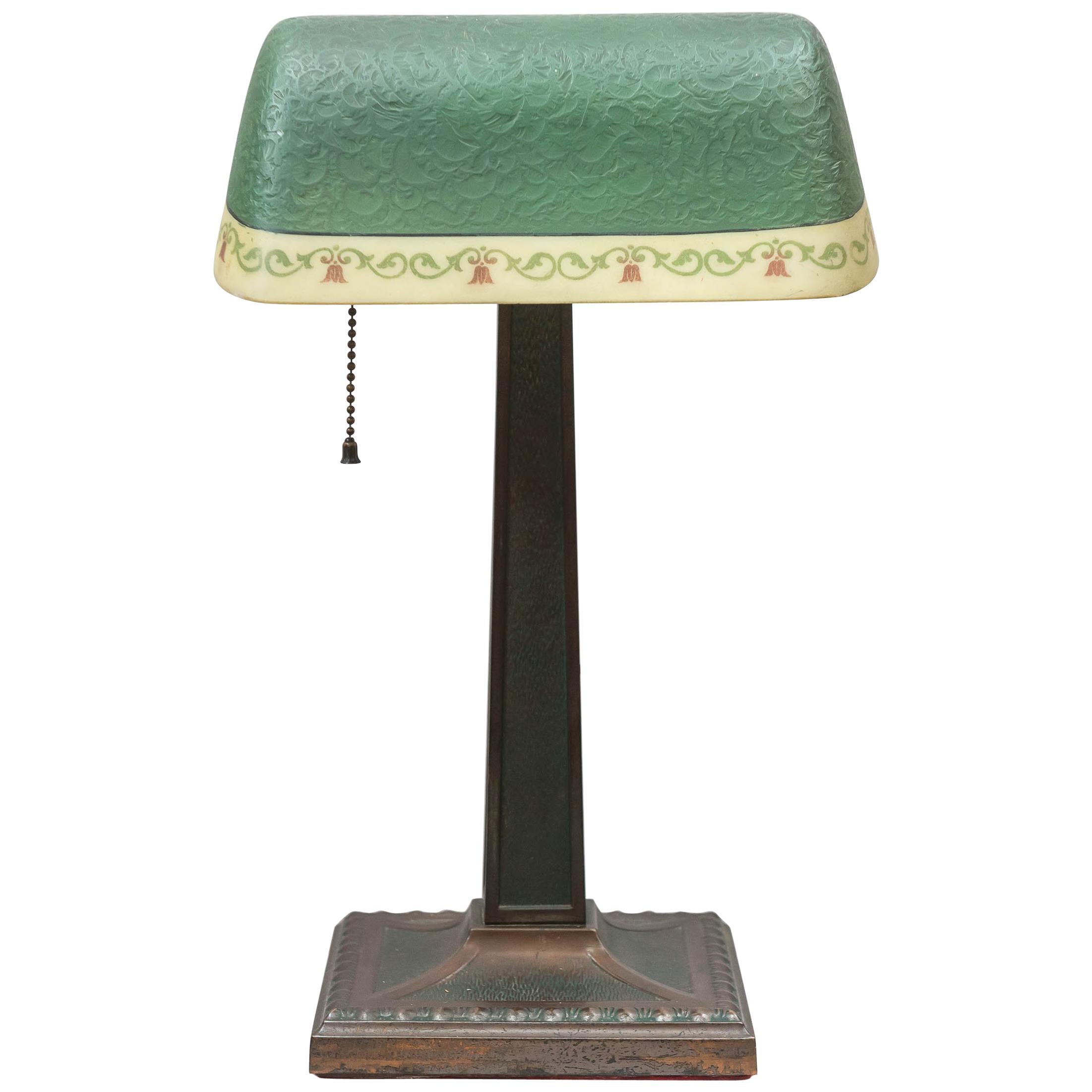 Antique Banker's Lamp with Original Glass Shade, Dated 1917