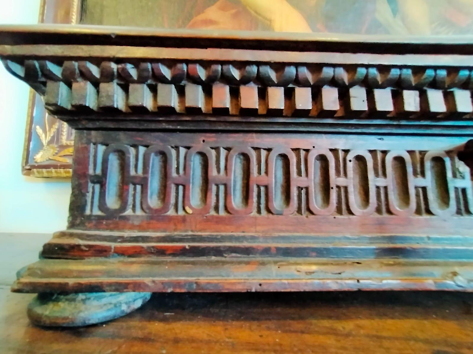 Hand-Carved Antique Banner Box, in Period 1600s Walnut in Patina For Sale