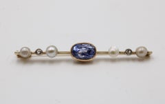 Antique Bar Brooch with Natural Sapphire, Pearls and Rose-Cut Diamonds in Yellow