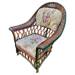 Antique Bar Harbor Style Double Strand Wicker Arm Chair in Natural Finish