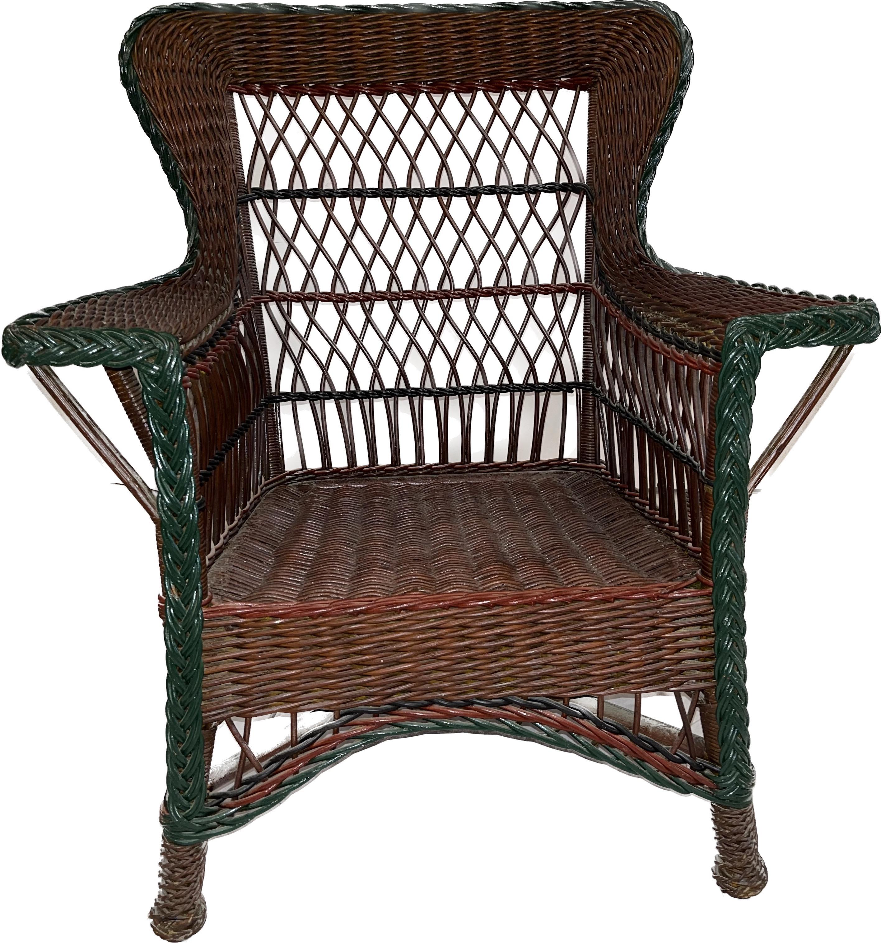 Antique Bar Harbor Style Wicker Wing Chair in Natural Finish with Green Trim 4