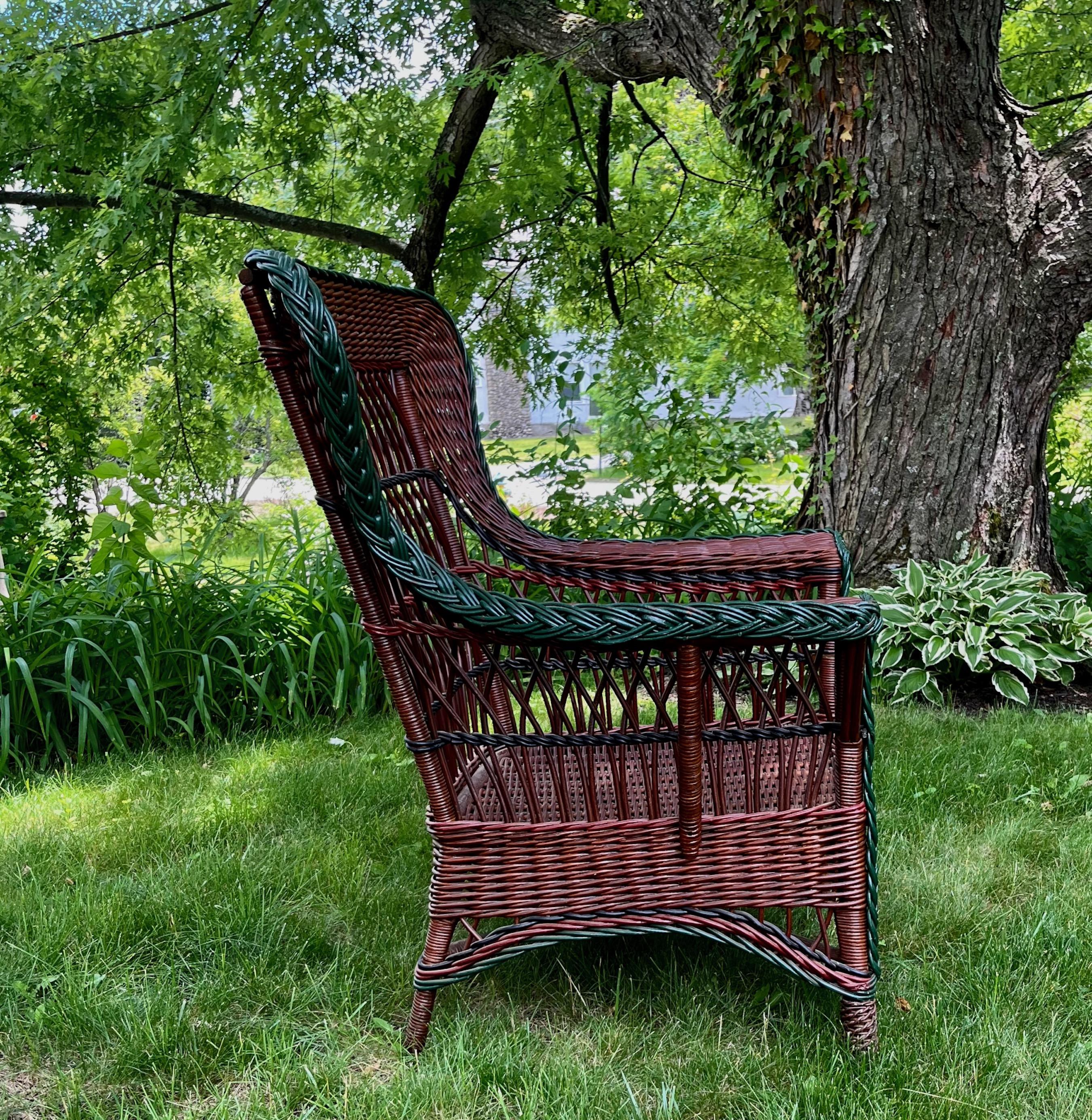 Ohrensessel aus Korbweide im Bar Harbor-Stil in natürlicher Oberfläche mit grüner Verzierung im Angebot 2