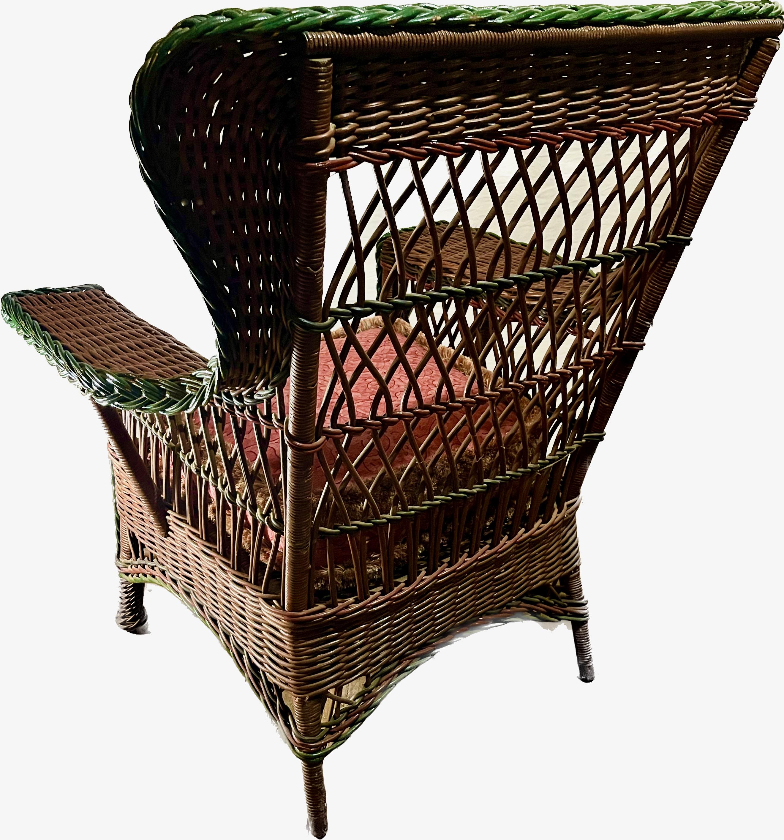 Hand-Woven Antique Bar Harbor Style Wicker Wing Chair in Natural Finish with Green Trim