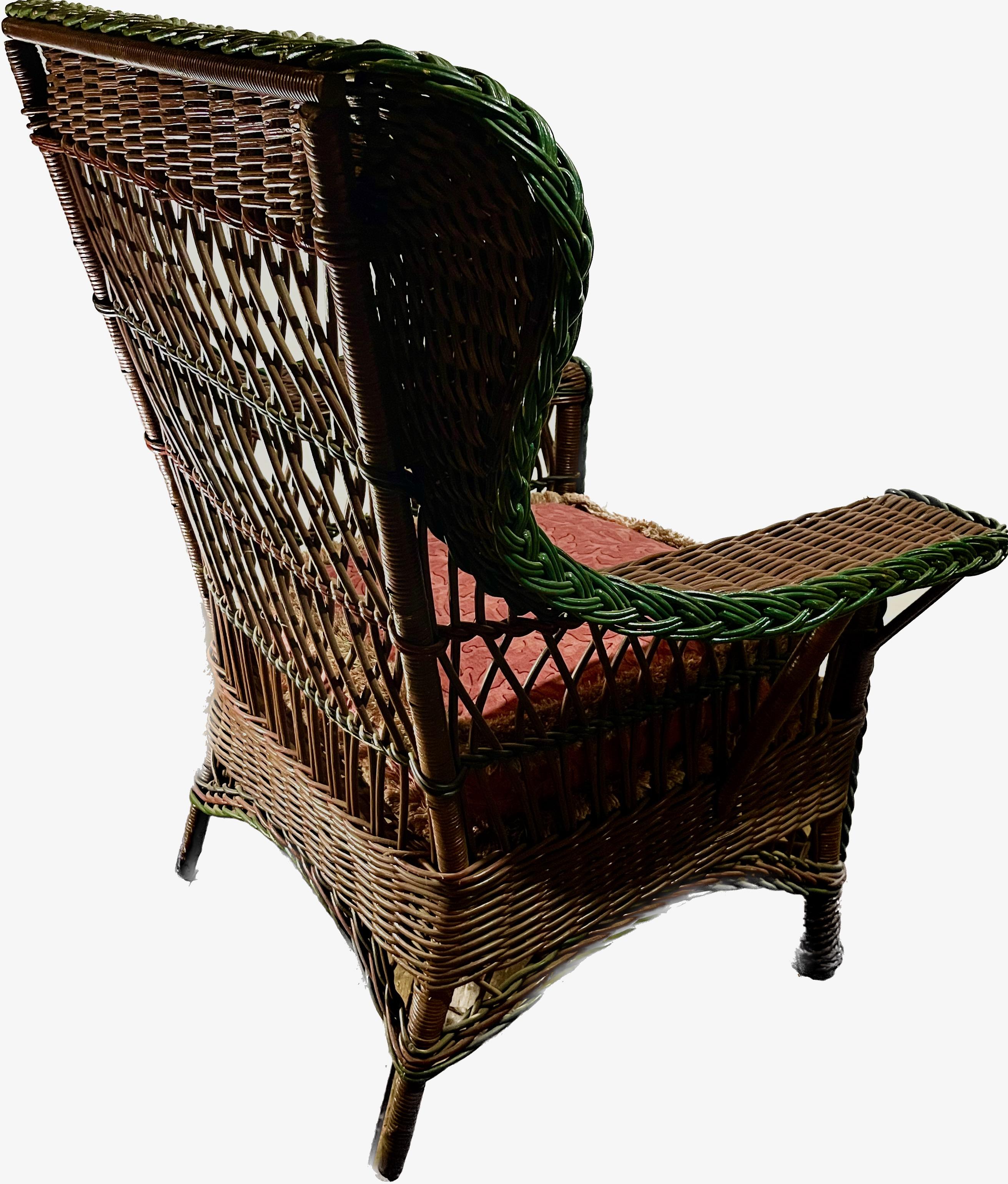 Antique Bar Harbor Style Wicker Wing Chair in Natural Finish with Green Trim In Good Condition In Nashua, NH