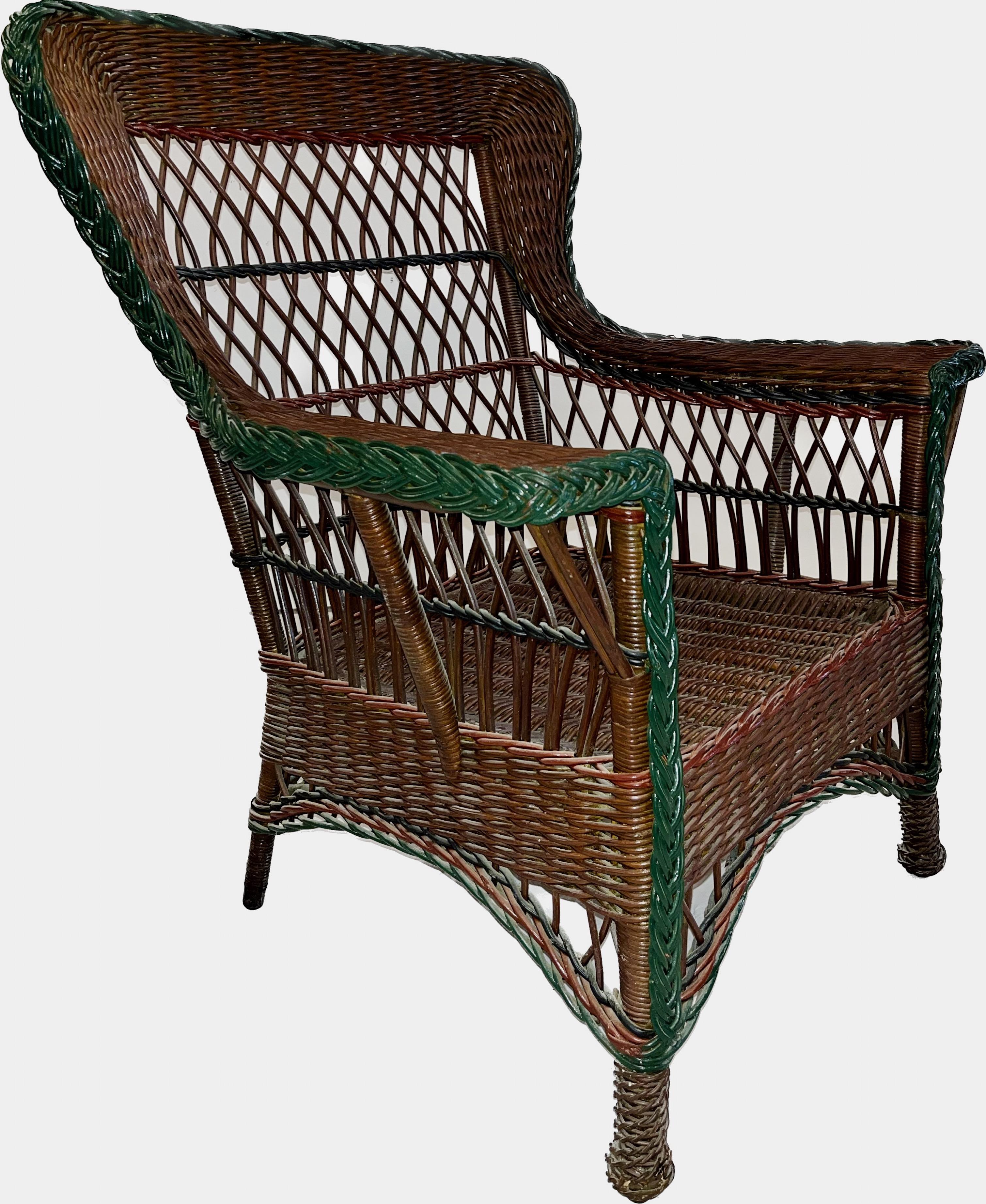 Antique Bar Harbor Style Wicker Wing Chair in Natural Finish with Green Trim 3