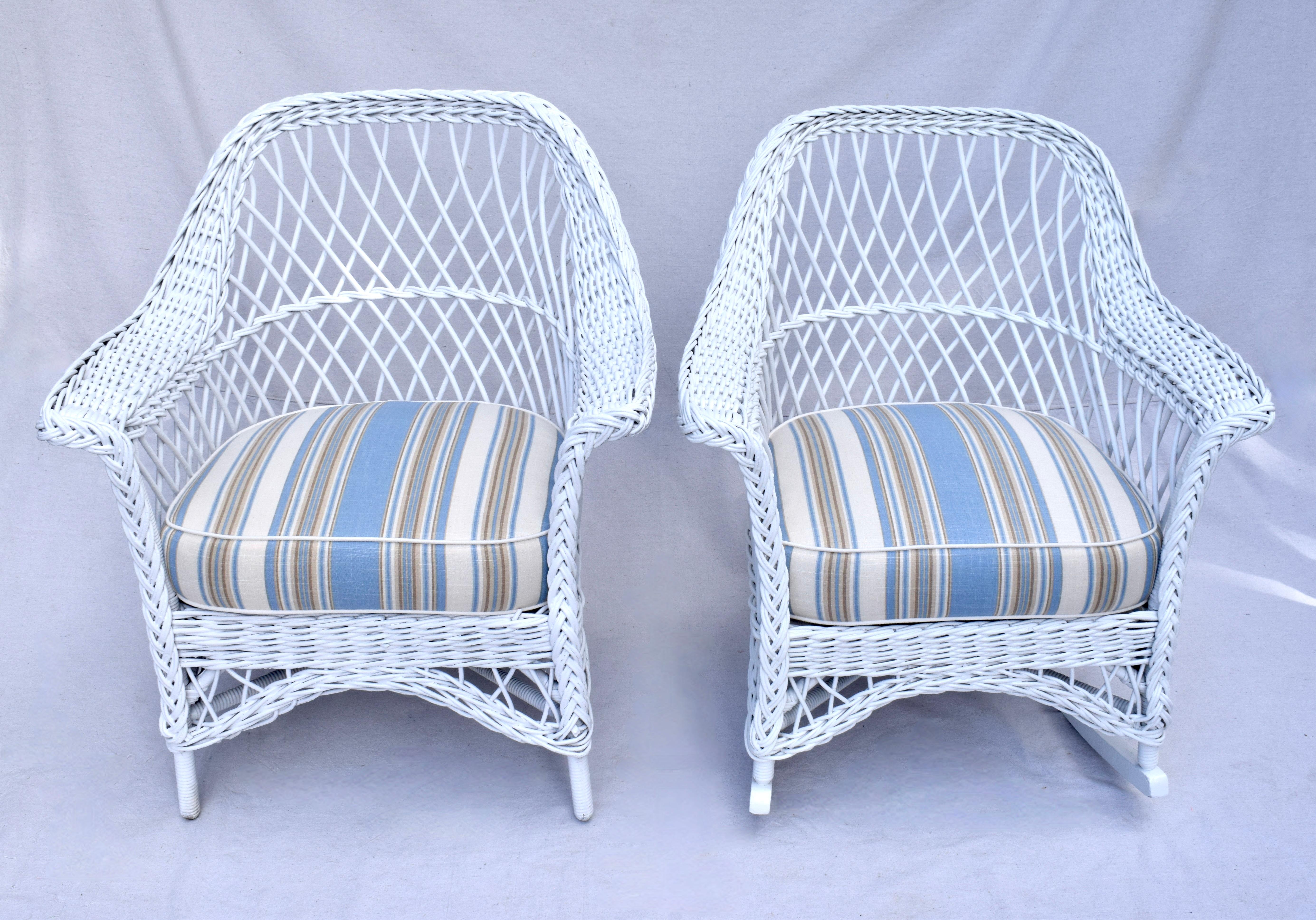 Lacquered Antique Bar Harbor Wicker Chair & Rocker - Set of 2 For Sale