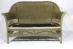 Antique Bar Harbor Wicker Settee Loveseat with Tufted Seat Cushion
