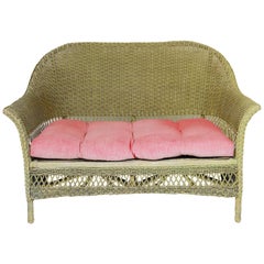 Used Bar Harbor Wicker Settee Loveseat with Tufted Seat Cushion