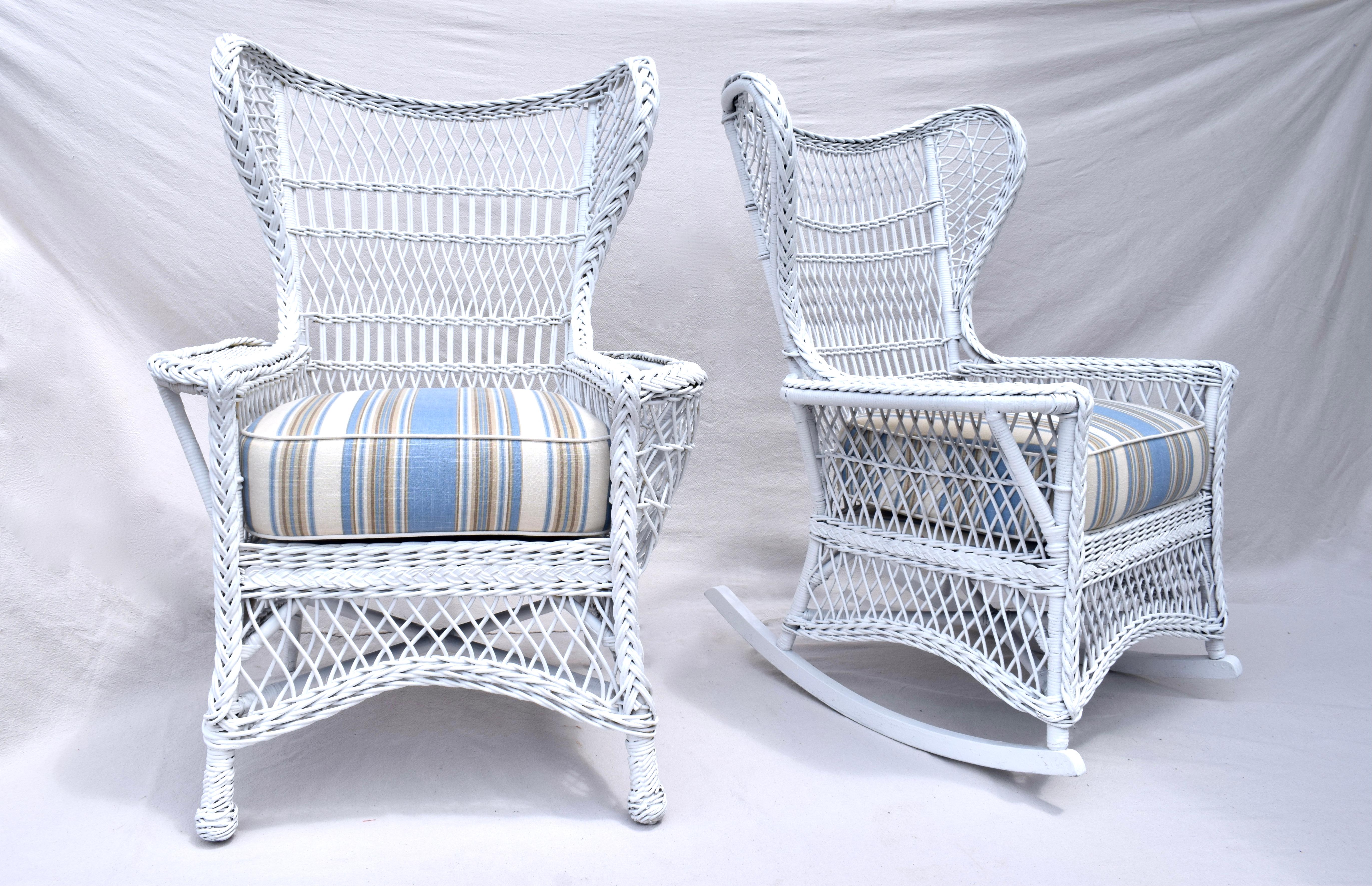 Antique Bar Harbor Wicker Wing Back Chair & Rocker, Set 4