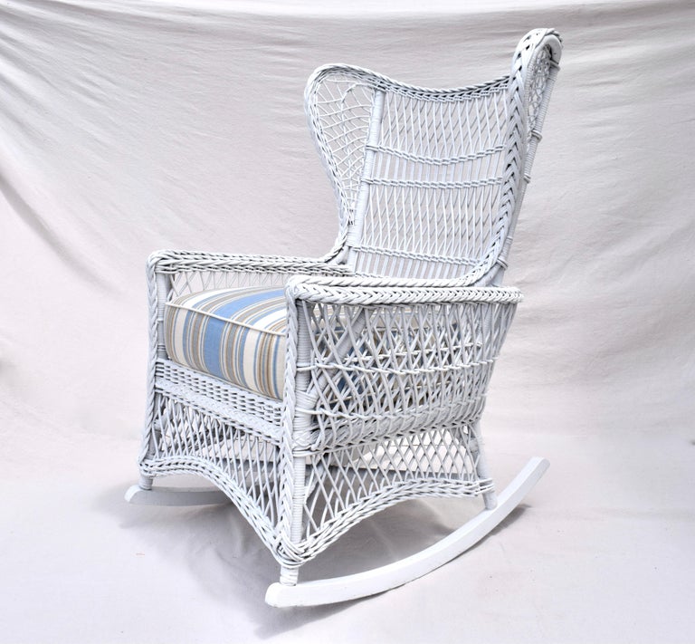 Adirondack Antique Bar Harbor Wicker Wing Back Chair & Rocker, Set For Sale