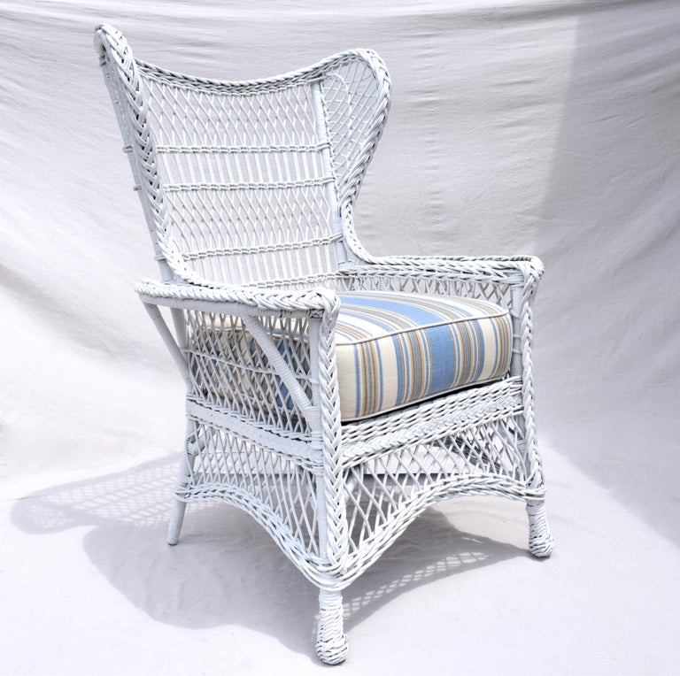 Cotton Antique Bar Harbor Wicker Wing Back Chair & Rocker, Set For Sale