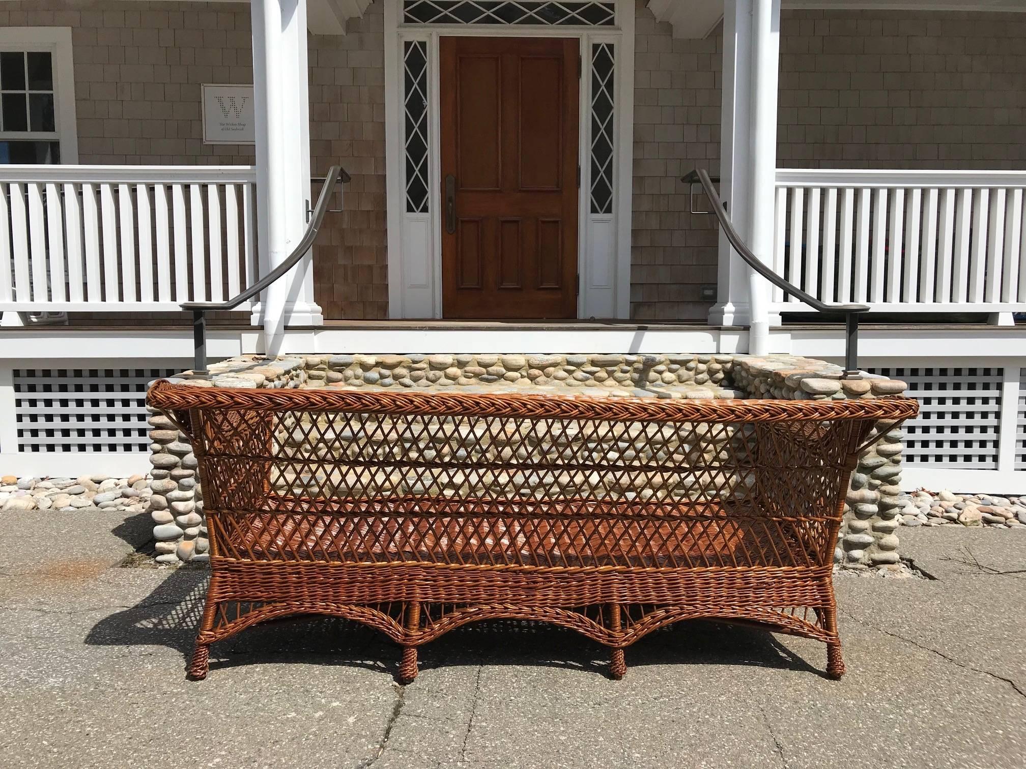 Beautiful antique bar harbor shelf back wicker set woven of willow in natural finish. Sofa measures 81 inches long, 36 inches deep, and 33 inches tall. The sofa arm height is 26.5 inches and the seat height is 13.5 inches. Chairs measure 30 inches