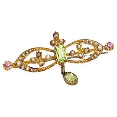 Antique Bar Pin with Tourmalines and Seed Pearls