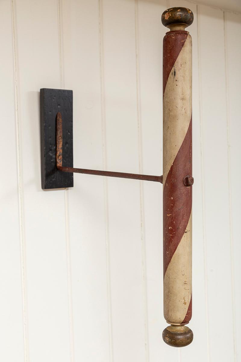 Antique Barber Pole Trade Sign, late 19th Century. Hand-turned, Hand-painted. Iron wall mount. Red and white painted poles were typically European.