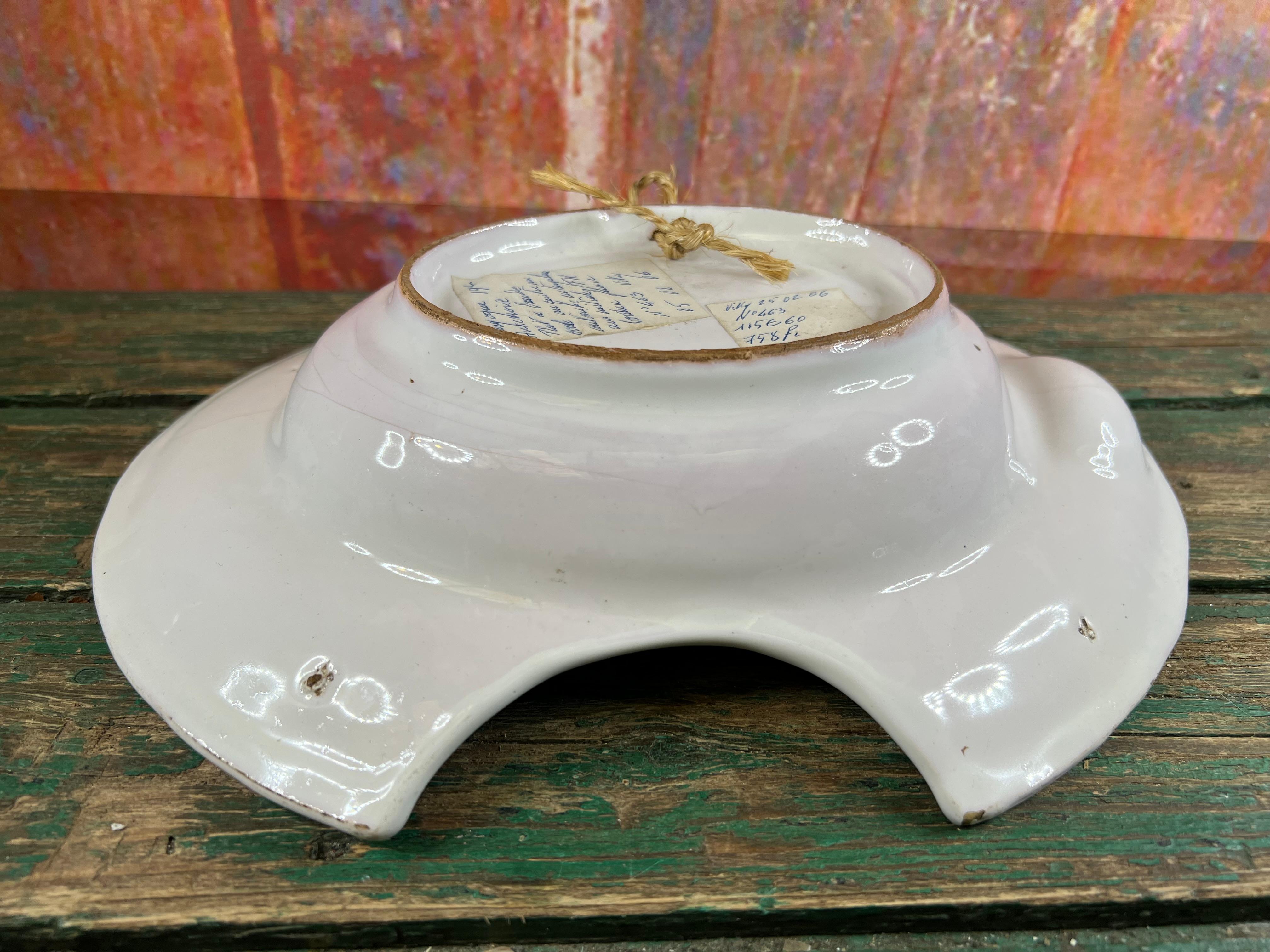 Faience Antique barber's shaving bowl in faience of Nevers France 19th For Sale