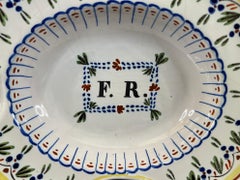 Antique barber's shaving bowl in faience of Nevers with monogram France 19th