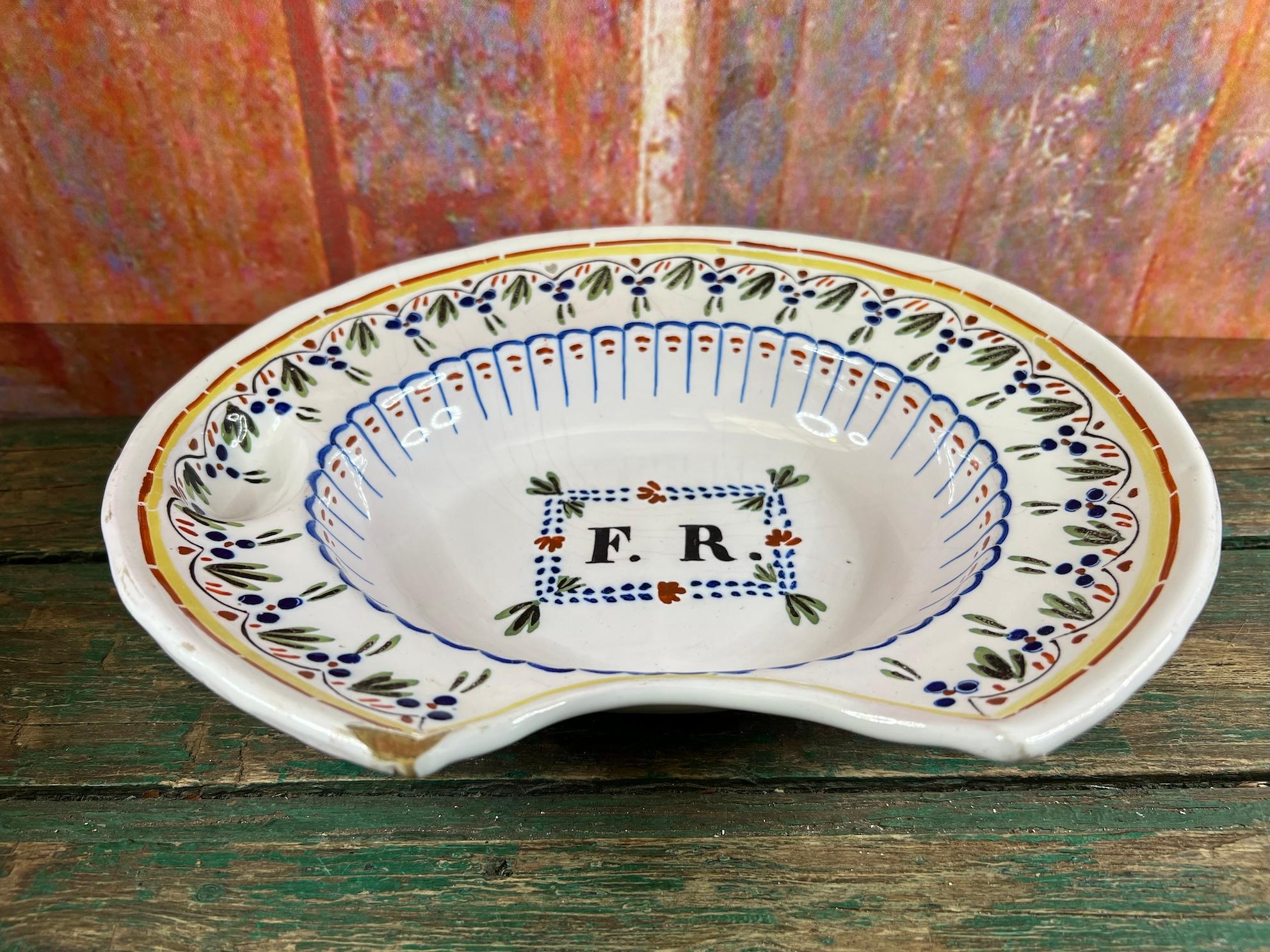 19th Century Antique barber's shaving bowl in faience of Nevers with monogram France 19th For Sale