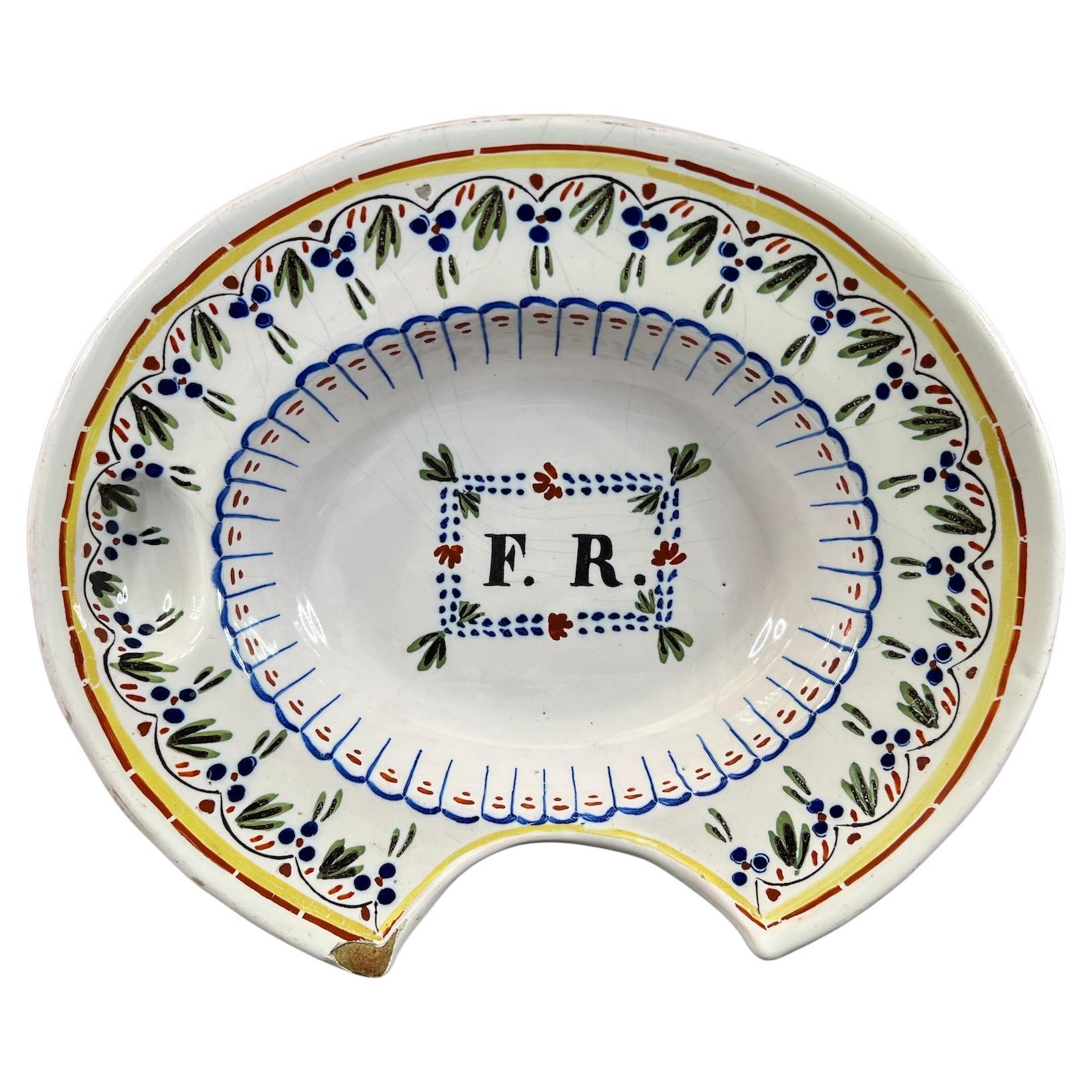 Antique barber's shaving bowl in faience of Nevers with monogram France 19th For Sale