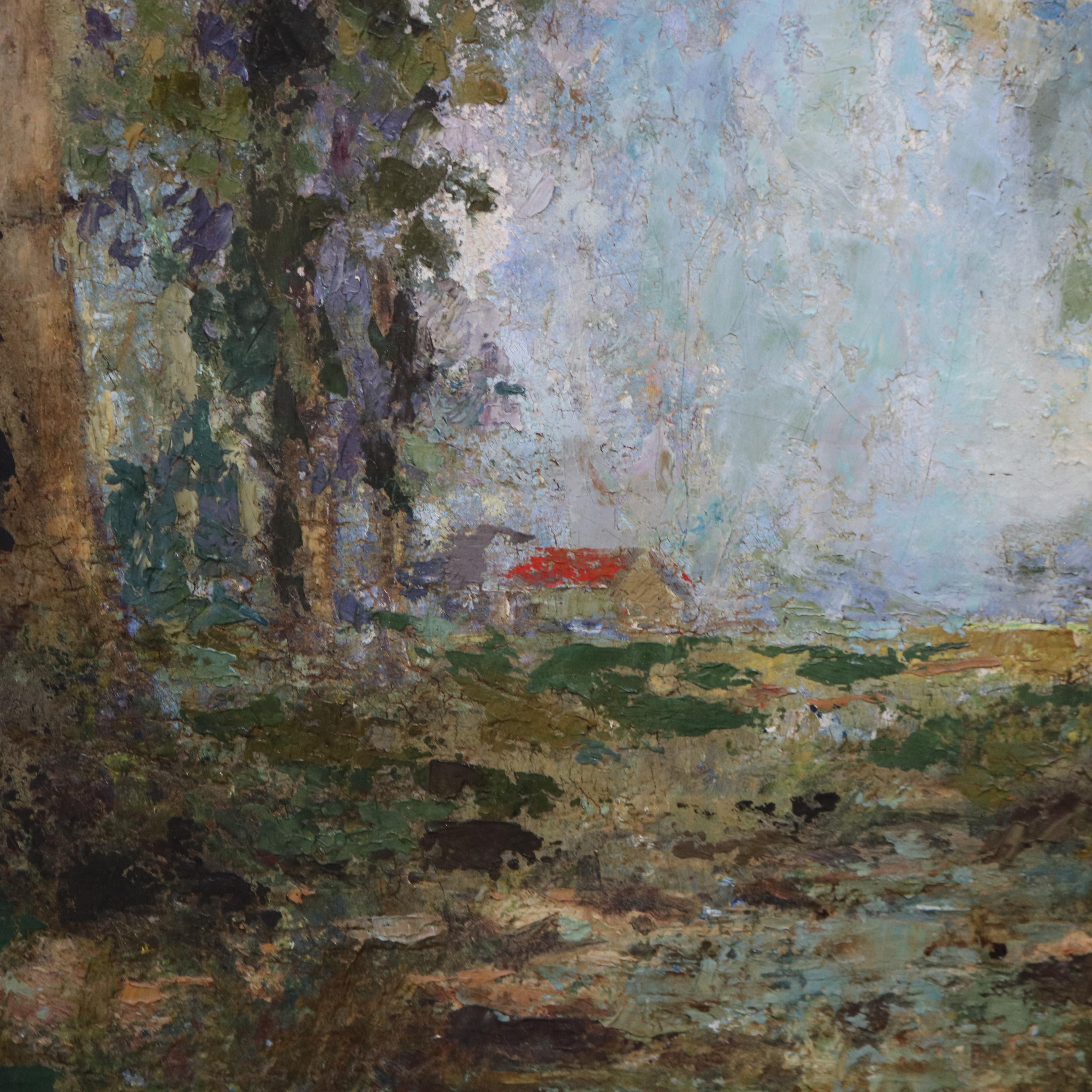Hand-Painted Antique Barbizon School Oil on Canvas Painting of a Cabin in the Woods C1900