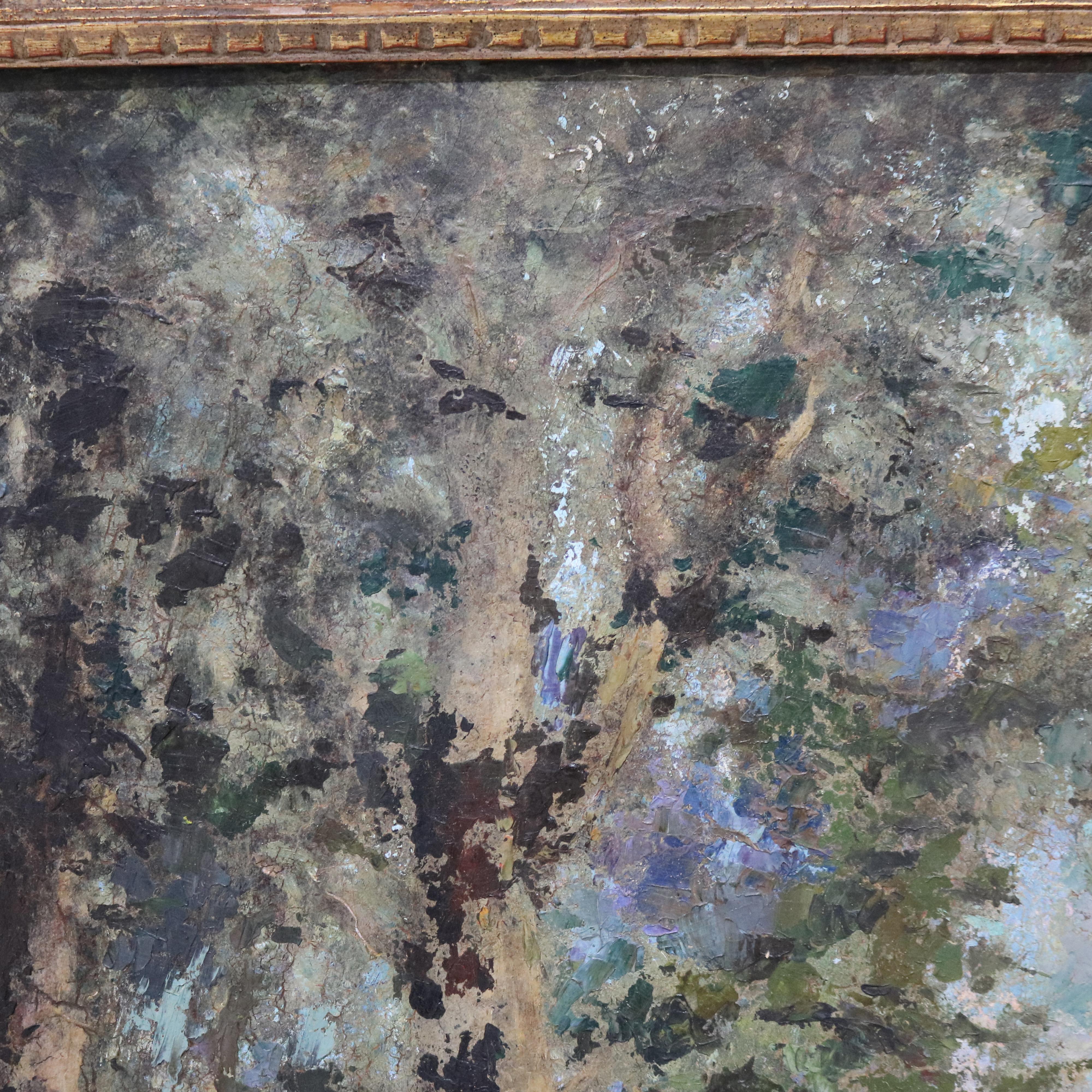 Antique Barbizon School Oil on Canvas Painting of a Cabin in the Woods C1900 1