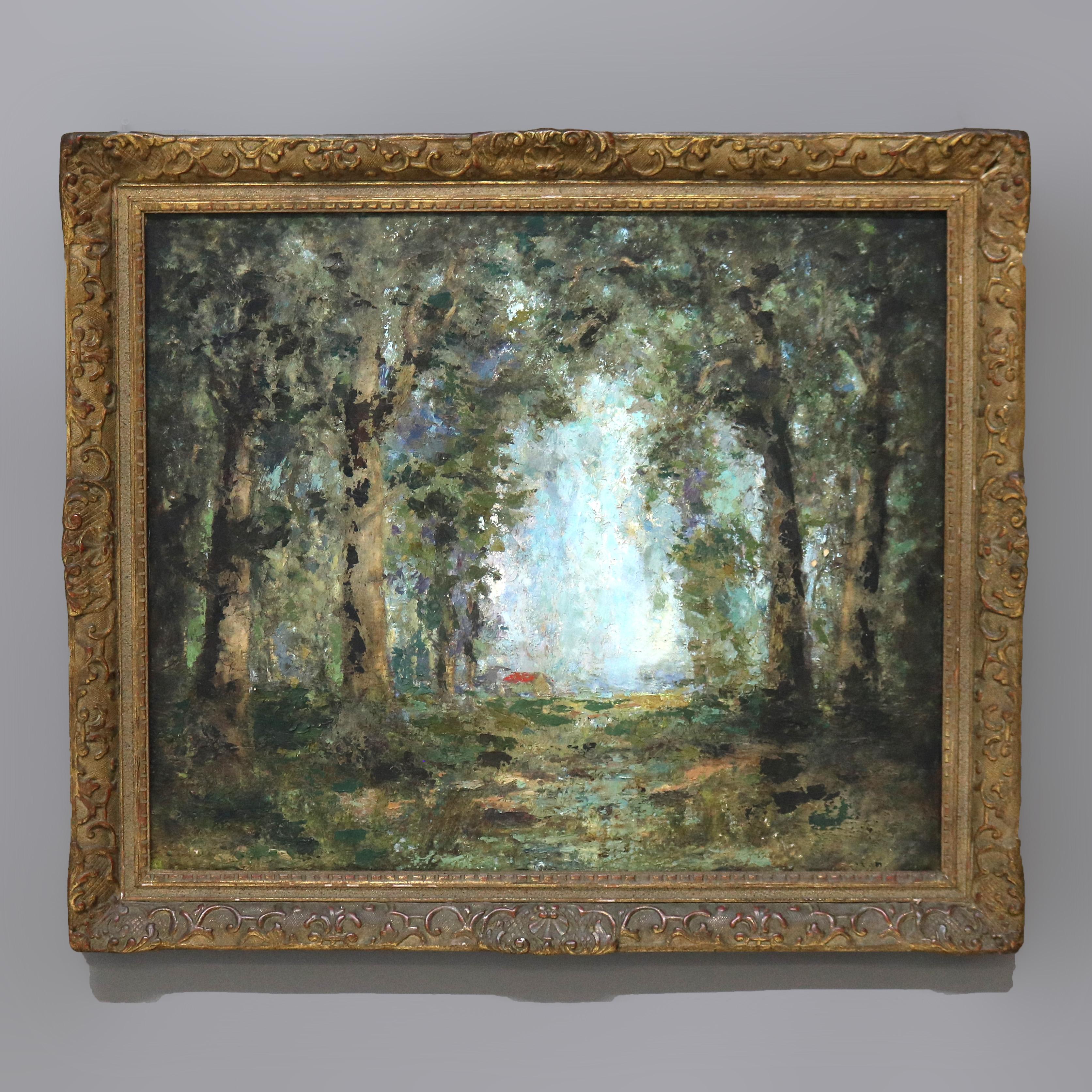 Antique Barbizon School Oil on Canvas Painting of a Cabin in the Woods, Giltwood Framed, C1900

Measures- overall 30.75