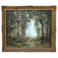Antique Barbizon School Oil on Canvas Painting of a Cabin in the Woods C1900