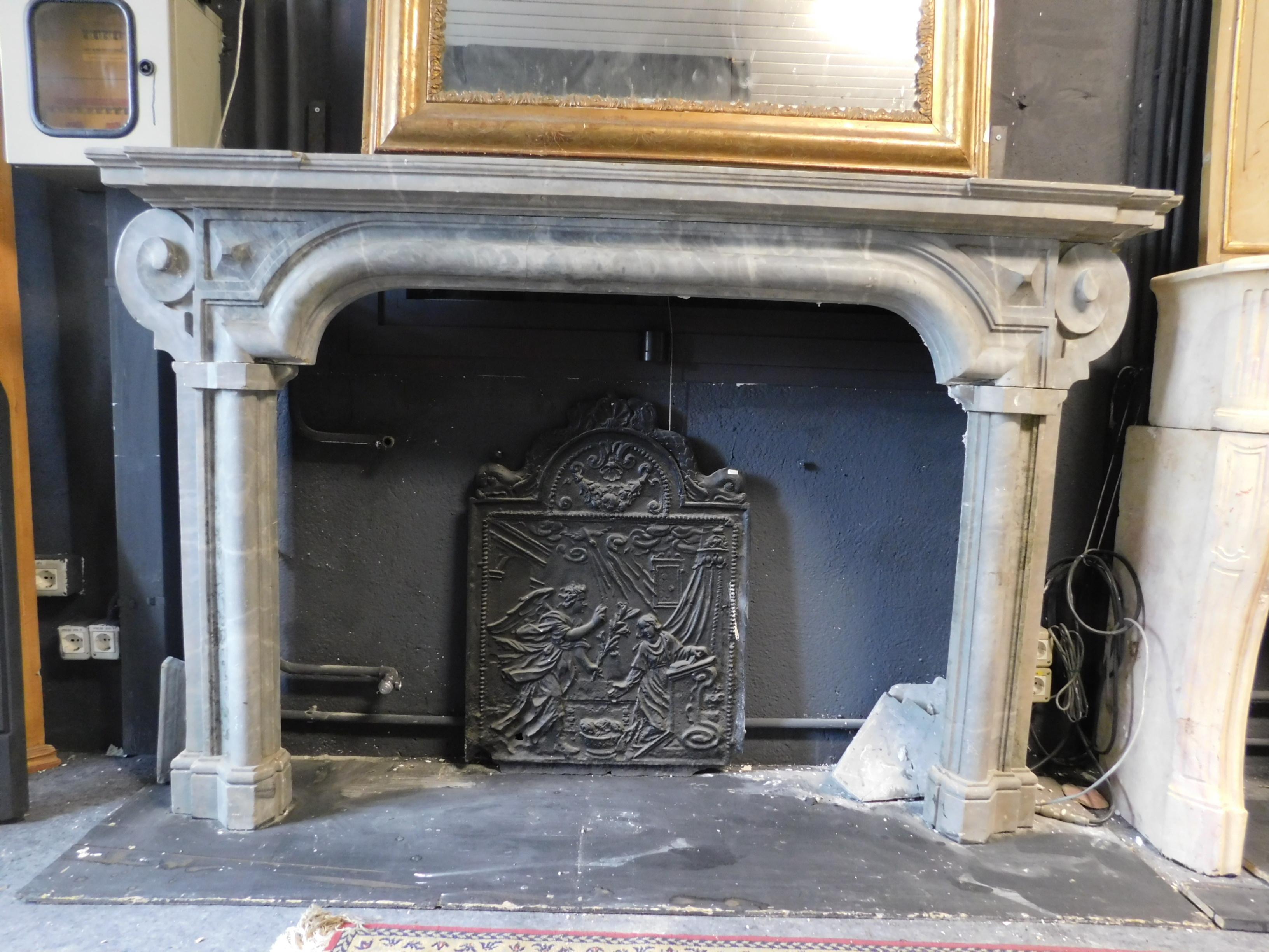 Italian Antique Bardiglio Gray Marble Fireplace, 18th Century Italy For Sale