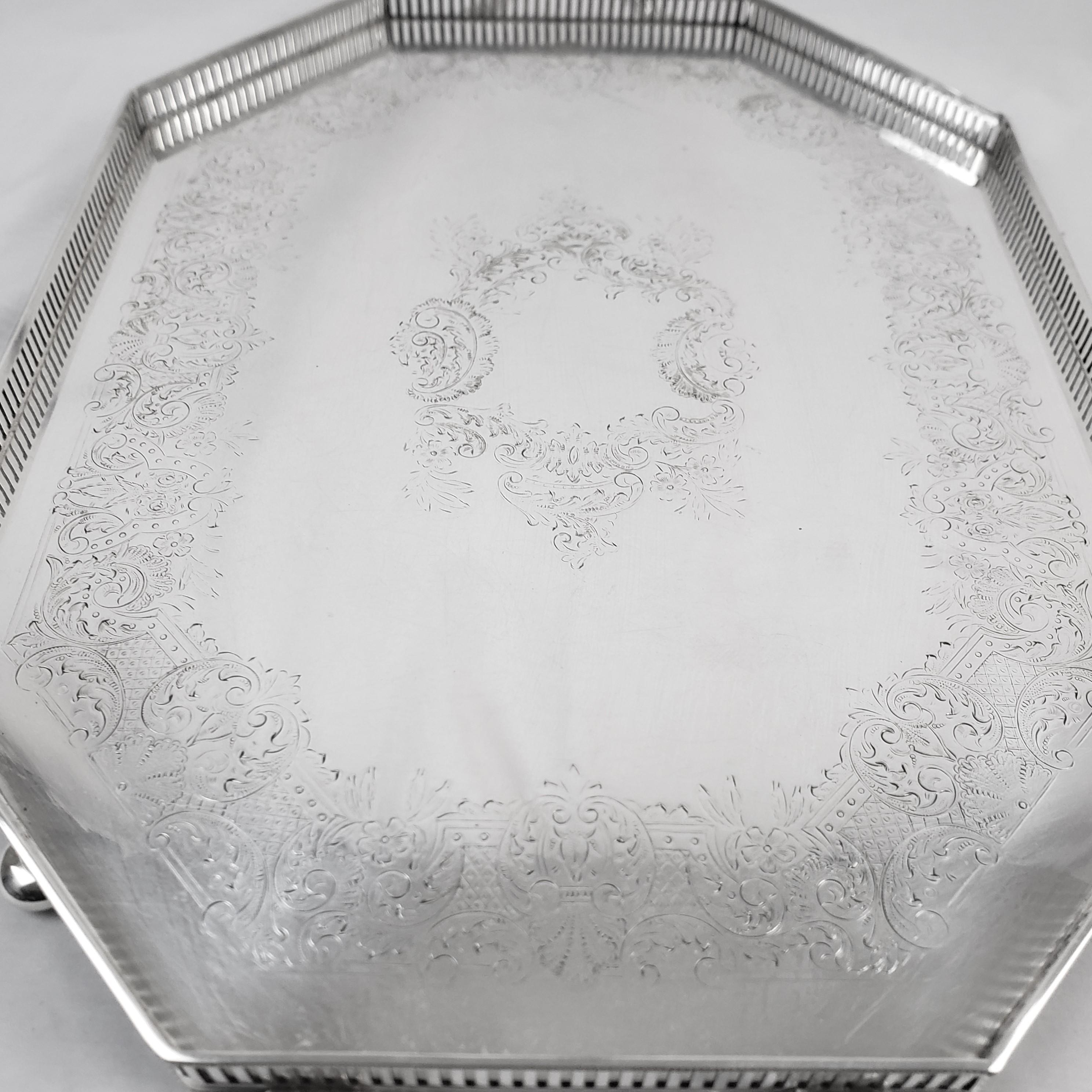 Antique Barker-Ellis Edwardian Silver Plated Octagonal Gallery Serving Tray For Sale 4