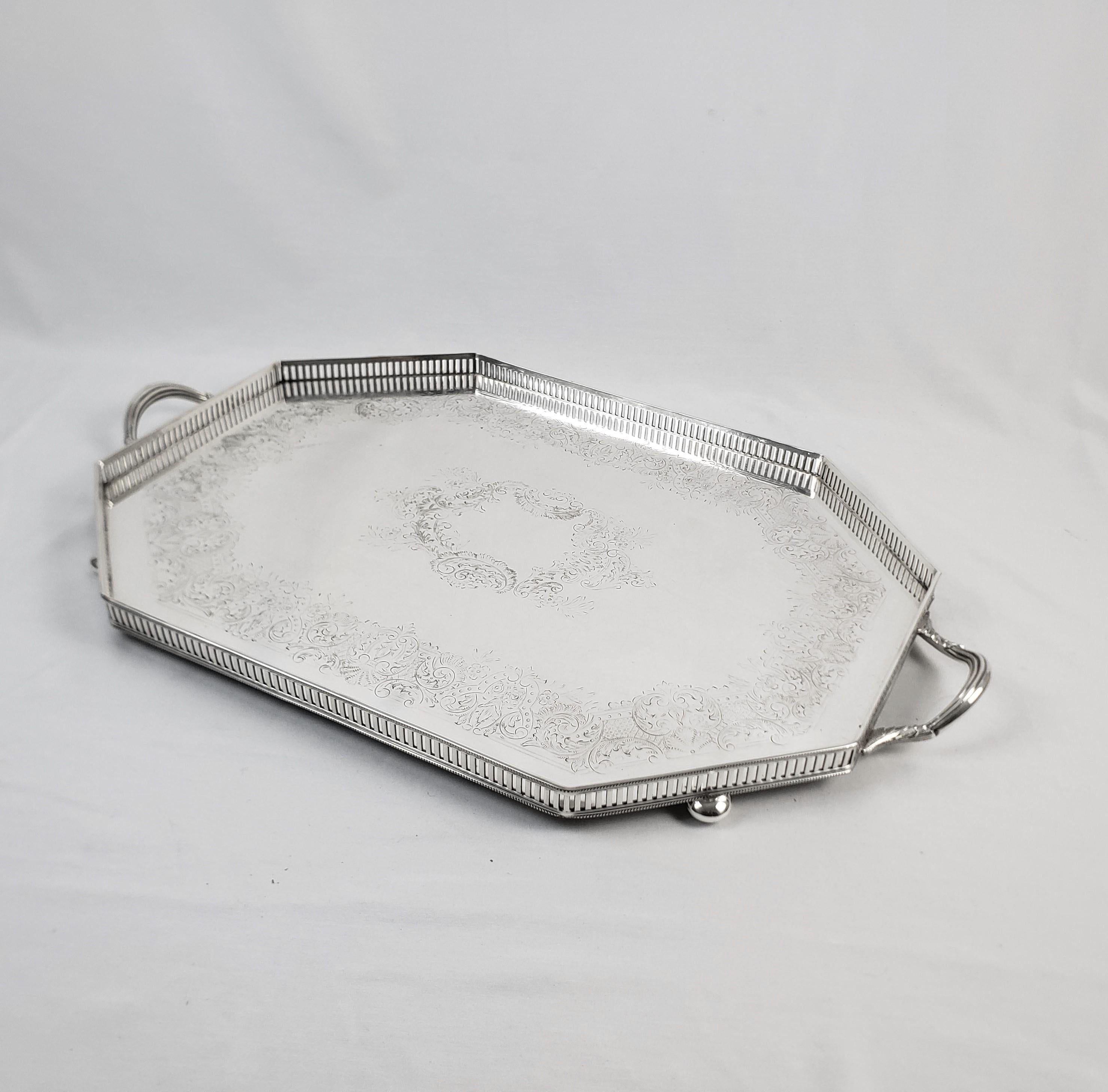 English Antique Barker-Ellis Edwardian Silver Plated Octagonal Gallery Serving Tray For Sale