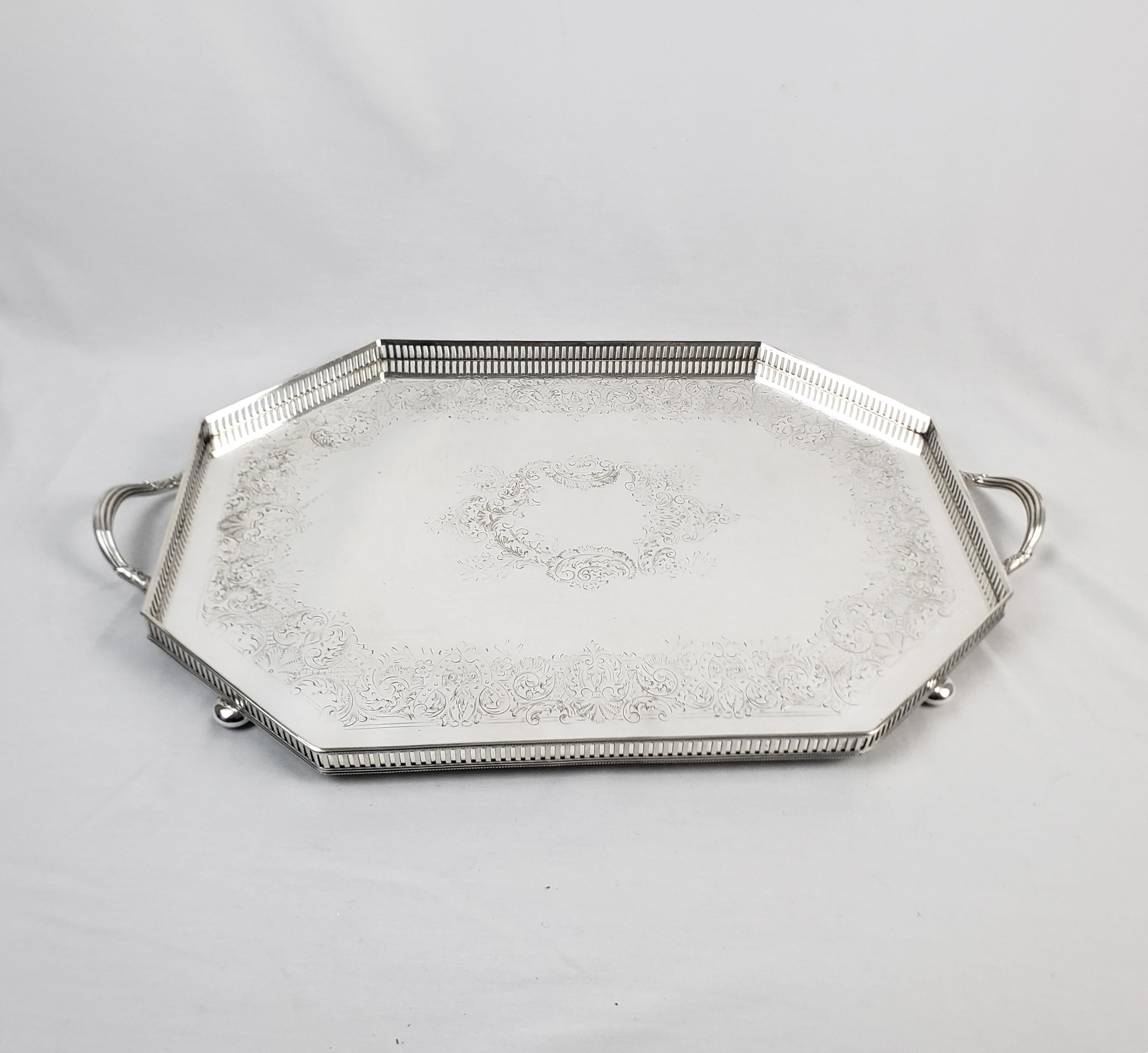 Machine-Made Antique Barker-Ellis Edwardian Silver Plated Octagonal Gallery Serving Tray For Sale