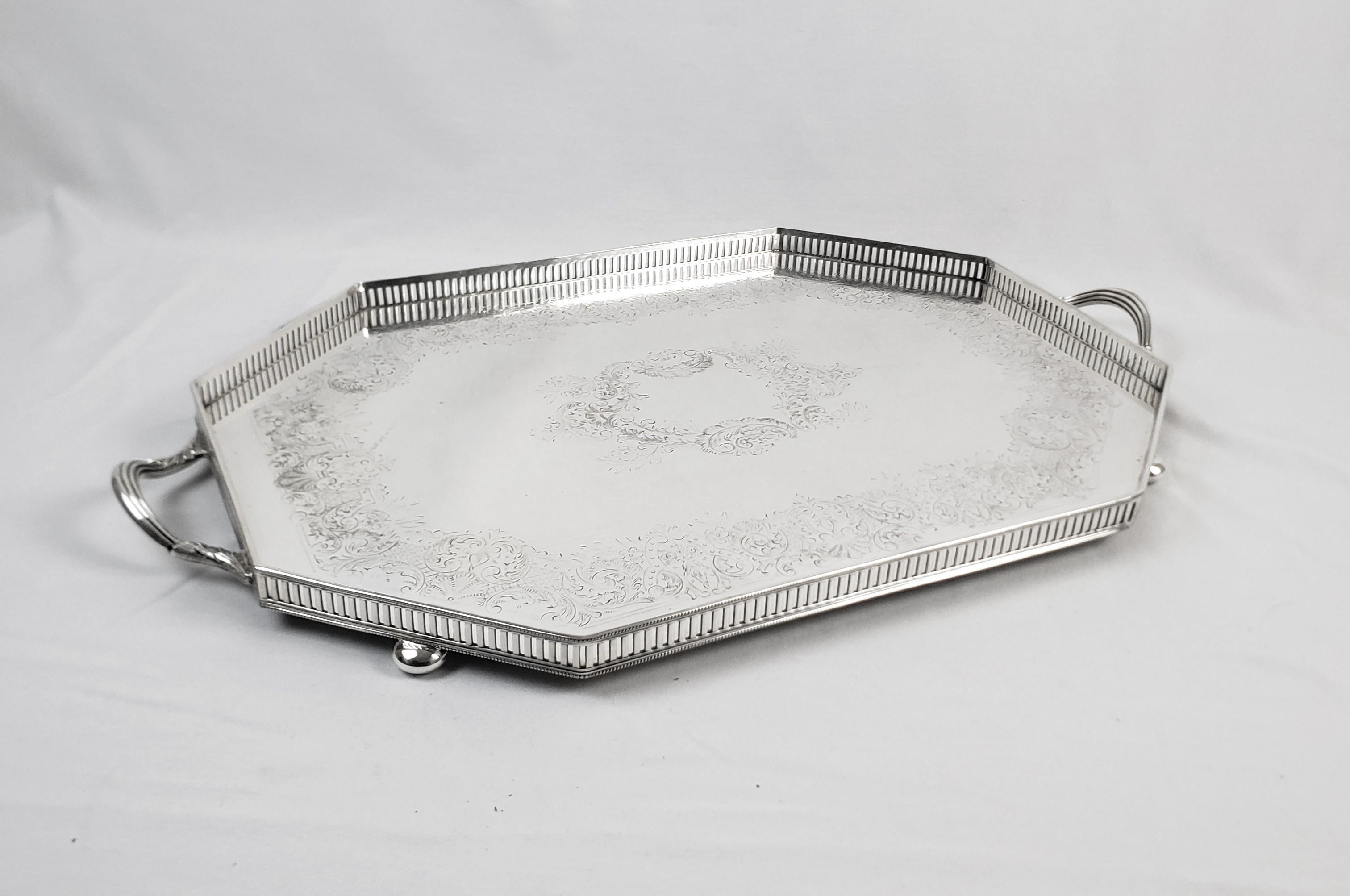 Antique Barker-Ellis Edwardian Silver Plated Octagonal Gallery Serving Tray In Good Condition For Sale In Hamilton, Ontario