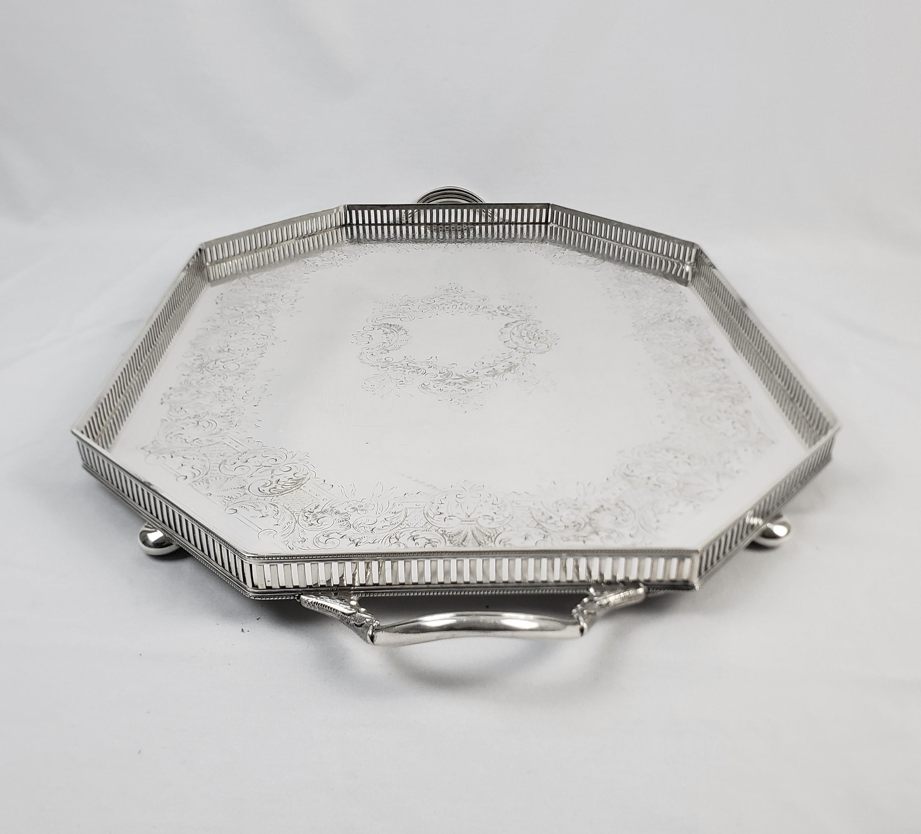 20th Century Antique Barker-Ellis Edwardian Silver Plated Octagonal Gallery Serving Tray For Sale