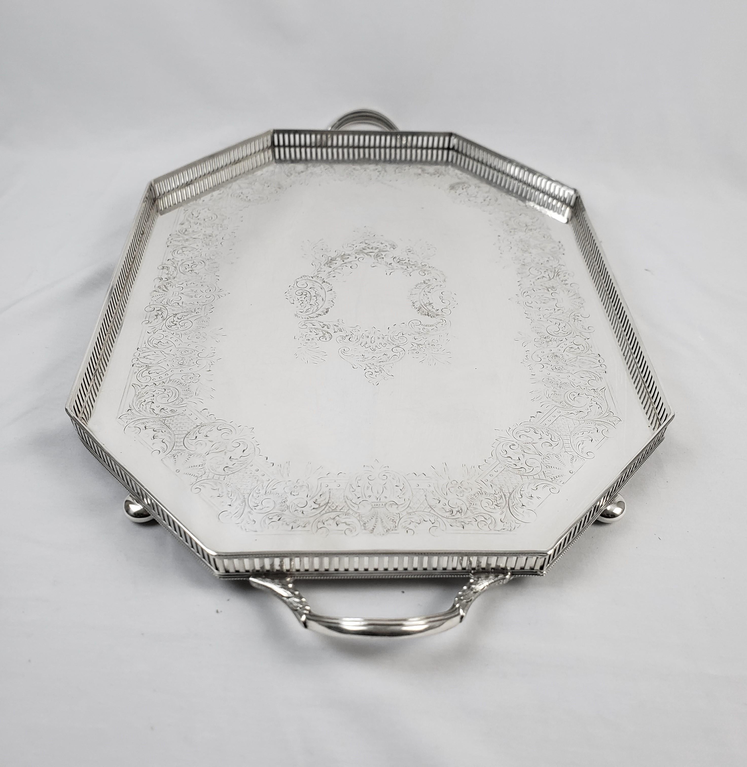 Antique Barker-Ellis Edwardian Silver Plated Octagonal Gallery Serving Tray For Sale 2