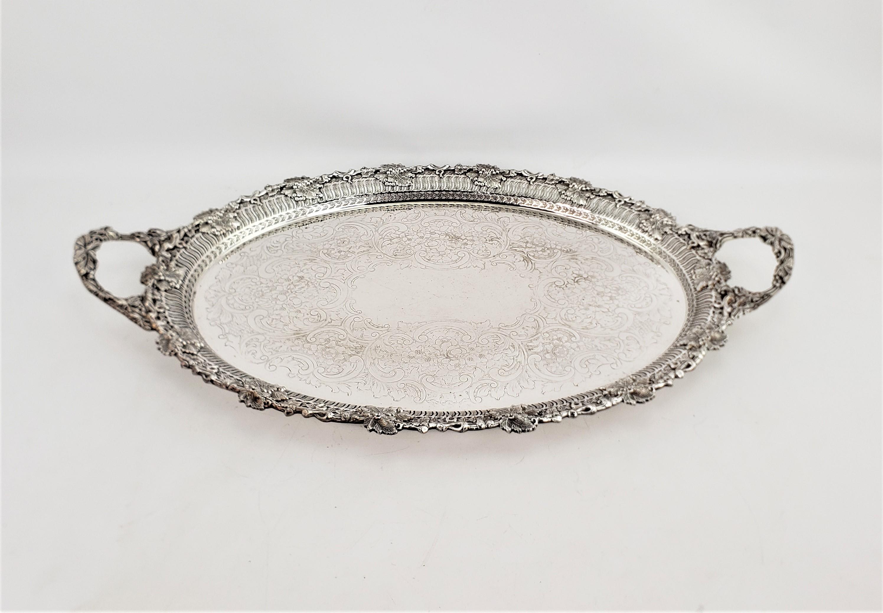 Victorian Antique Barker-Ellis Ornate Oval Silver Plated Serving Tray with Oak Leaves For Sale