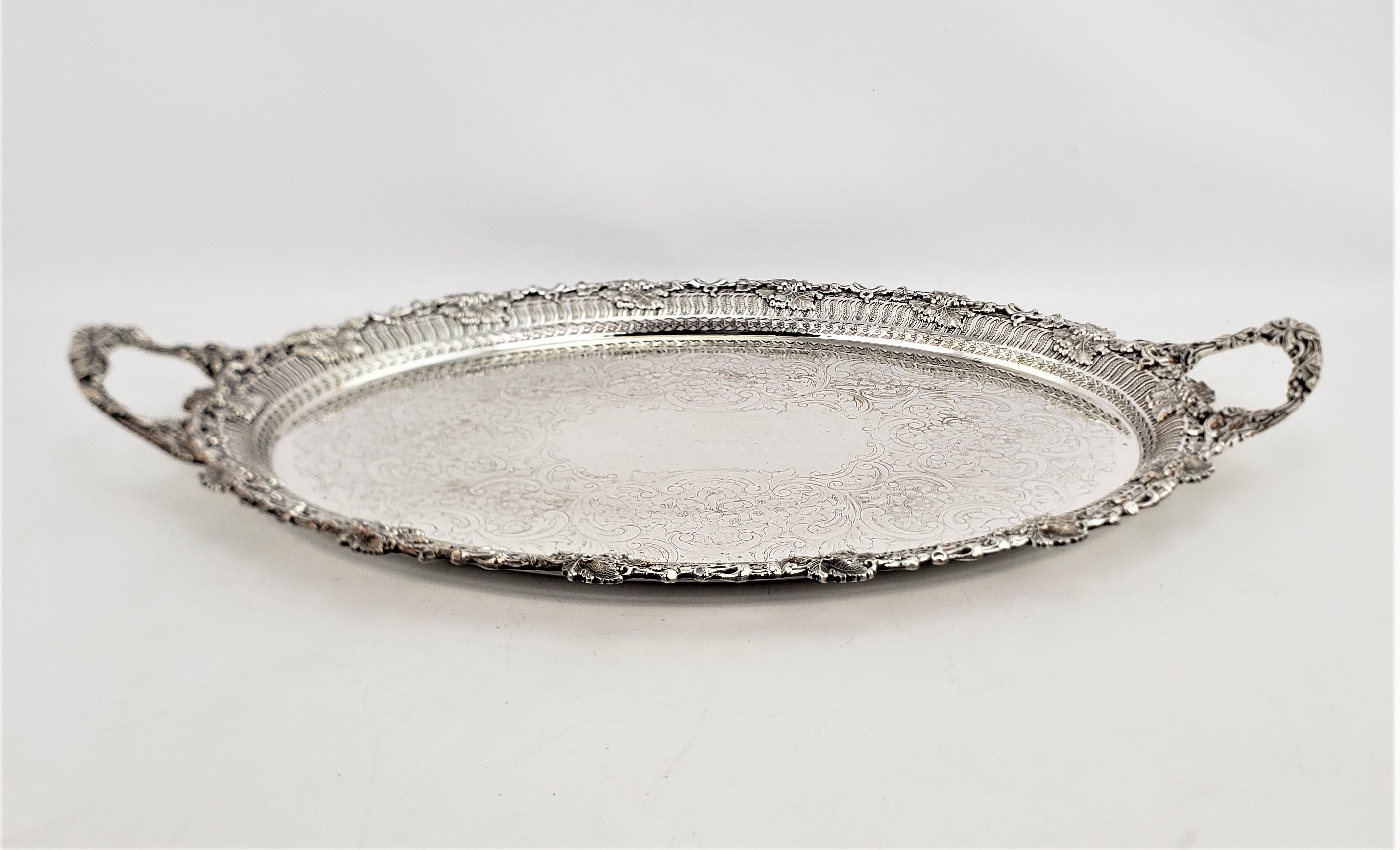 English Antique Barker-Ellis Ornate Oval Silver Plated Serving Tray with Oak Leaves For Sale