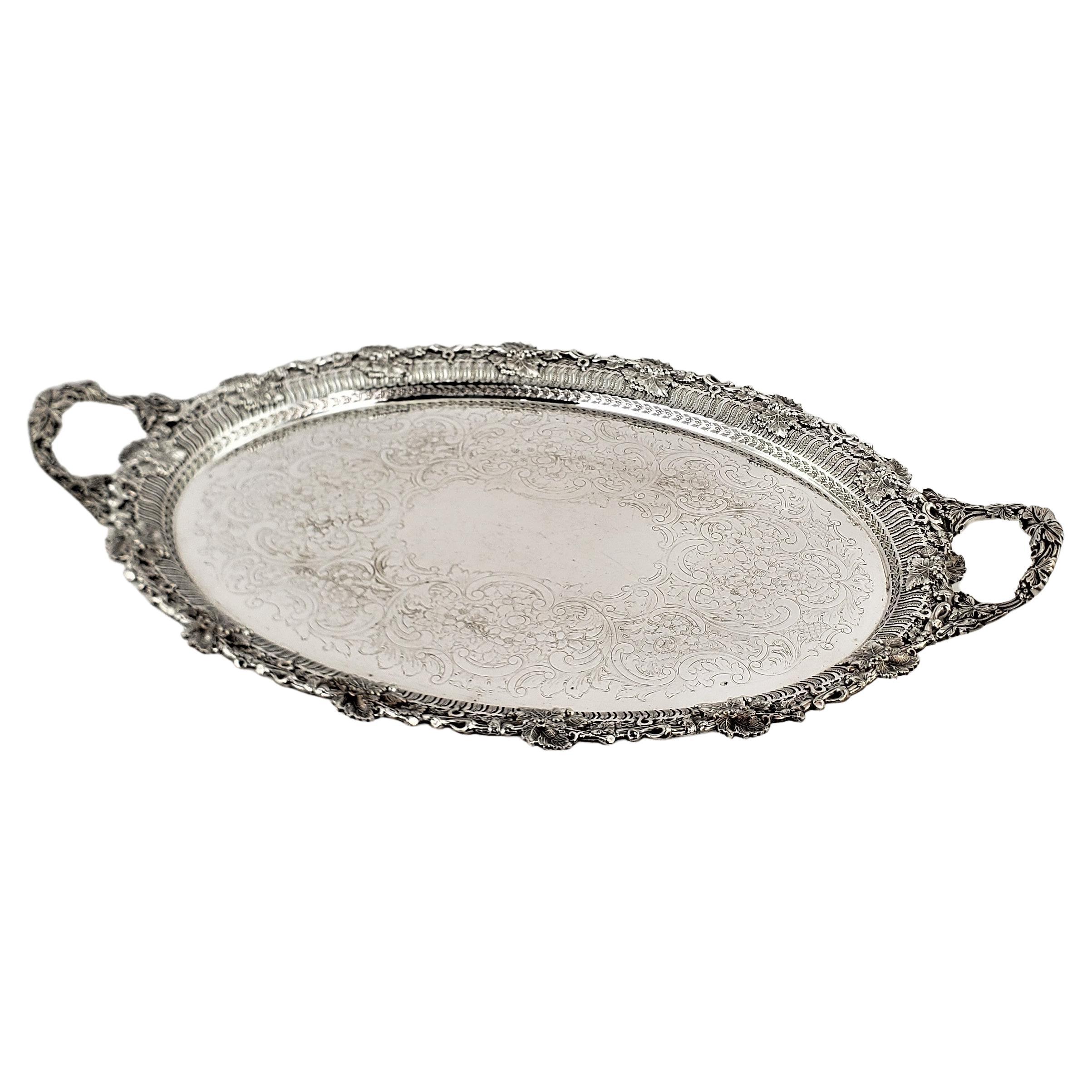 Antique Barker-Ellis Ornate Oval Silver Plated Serving Tray with Oak Leaves