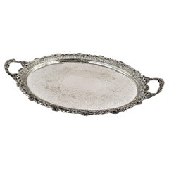 Used Barker-Ellis Ornate Oval Silver Plated Serving Tray with Oak Leaves