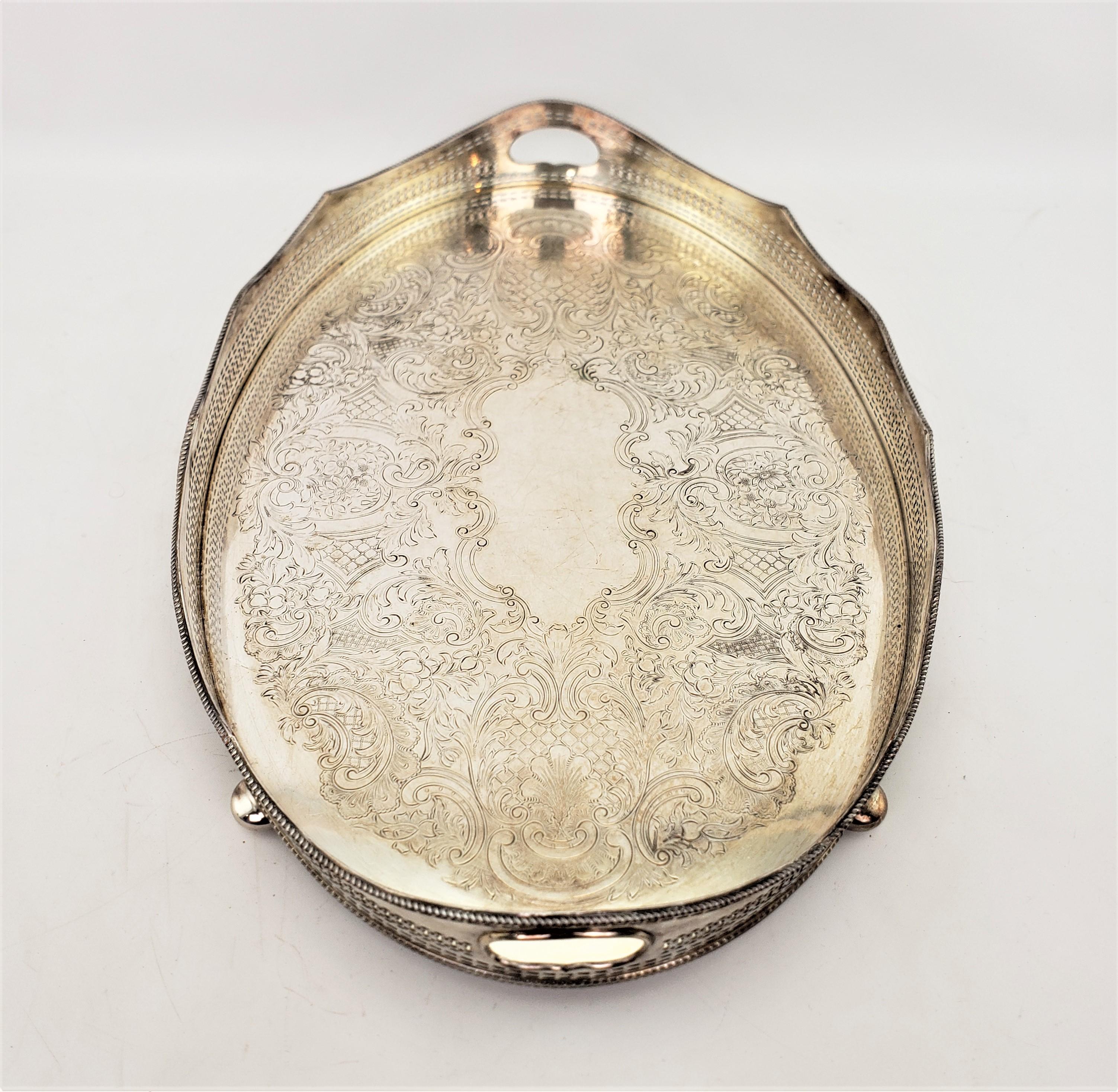 English Antique Barker-Ellis Silver Plated Gallery Serving Tray with Ornate Engraving For Sale